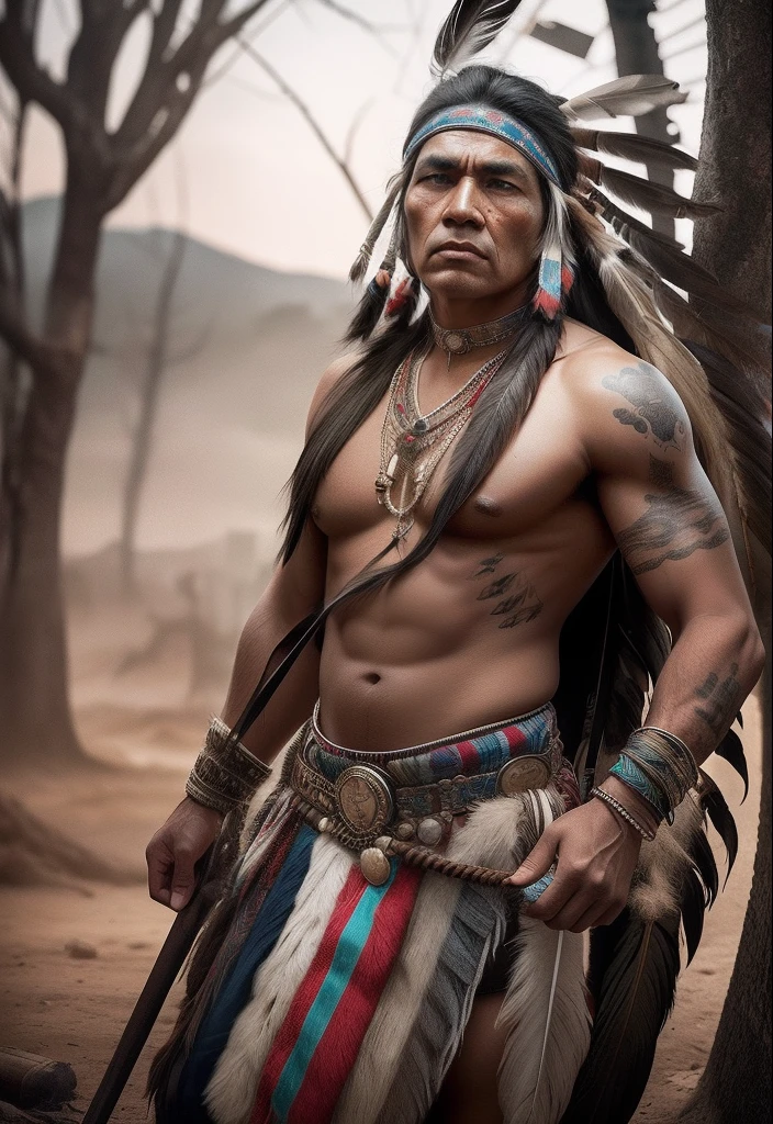 Create the dramatic lighting image of a Native American male , serious countenance, com dedos extremamente perfeitos, perfect hands,  de 80 anos, The face with indigenous war ink,  Traje nativo americano, It only has as a backdrop a scenario of mystery and magic with a lot of mysticism, digital art trending on Artstation 8k HD high definition detailed realistic, circunstanciado, textura da pele, hiper detalhado, textura de pele realista, armadura, melhor qualidade, ultra high-resolution, (fotorrealista:1.4), high resolution, circunstanciado, Foto RAW, sharp re, by Lee Jeffries Nikon D850 film Stock Photography 4 Kodak Portra 400 camera F1.6 lens rich colors hyper realistic lifelike texture dramatic lighting unrealengine trending on artstation cinestill 800,