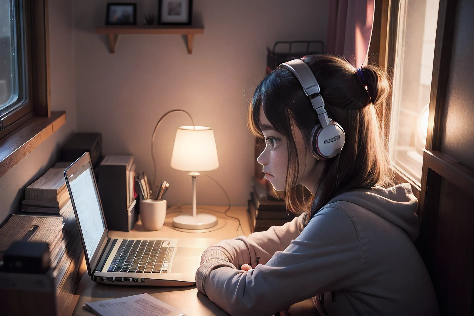 girl listening music in her room in moon light laptop open and window open