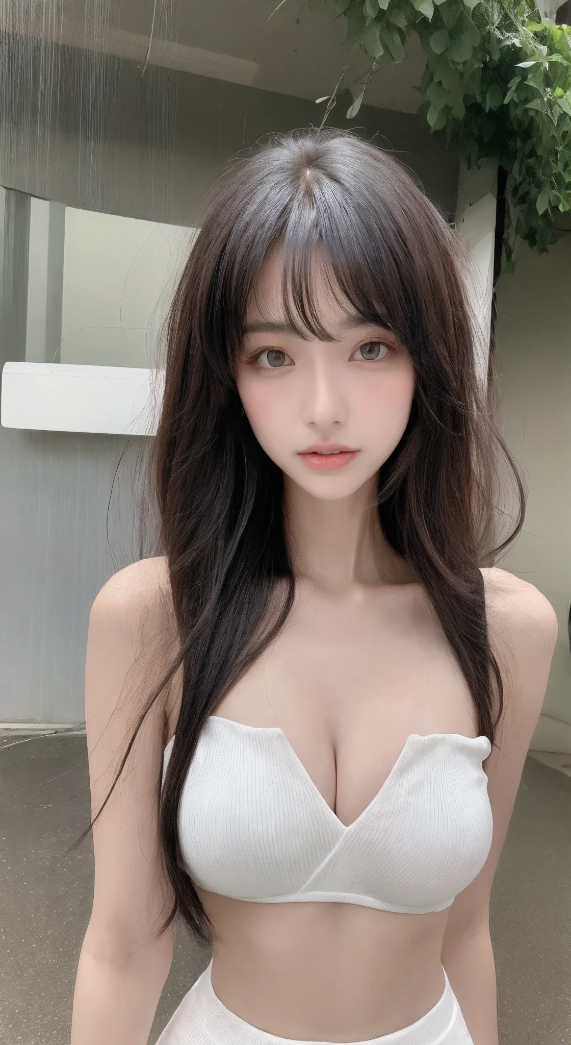 (8k, RAW photo, best quality, masterpiece: 1.2), yjnn, 1girl, 3d, asian, bangs, bare shoulders, bow, bra, breasts, brown eyes, brown hair, cleavage, gray background, lips, long hair, long sleeves, looking_at_viewer, medium_breasts, navel, nose, open shoulders, open clothes, open shirt, panties, realistic, shirt, solo, belly, underwear, undress, upper body, white bra, White panties, white shirt, shiny skin, beautiful and delicate face, beautiful and delicate eyes, (realistic, photo realistic: 1), standing inside the shower room, transparent glass covered with water droplets