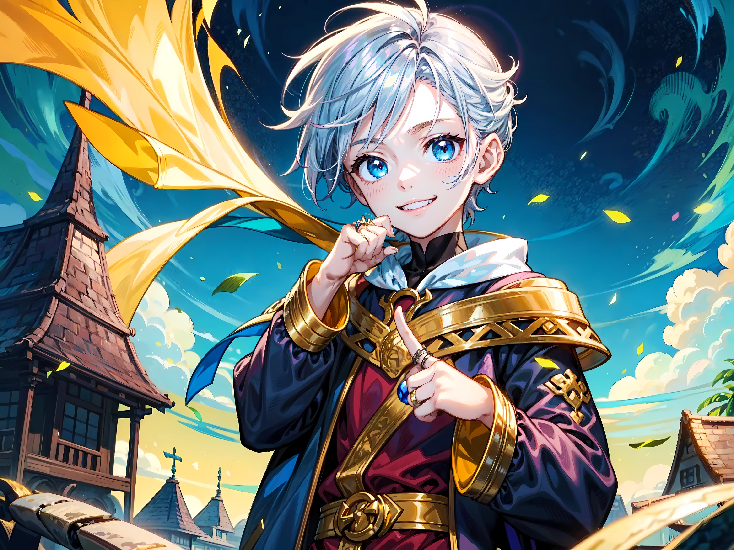 (anime, illustration:1.3),(A child wears many rings on his fingers.) The rings are made of various materials, such as gold, silver, and gems. The child smiles proudly, showing off his fingers. He likes to collect rings and wears different ones every day. The people around him think he is pretentious, but he doesn't care.