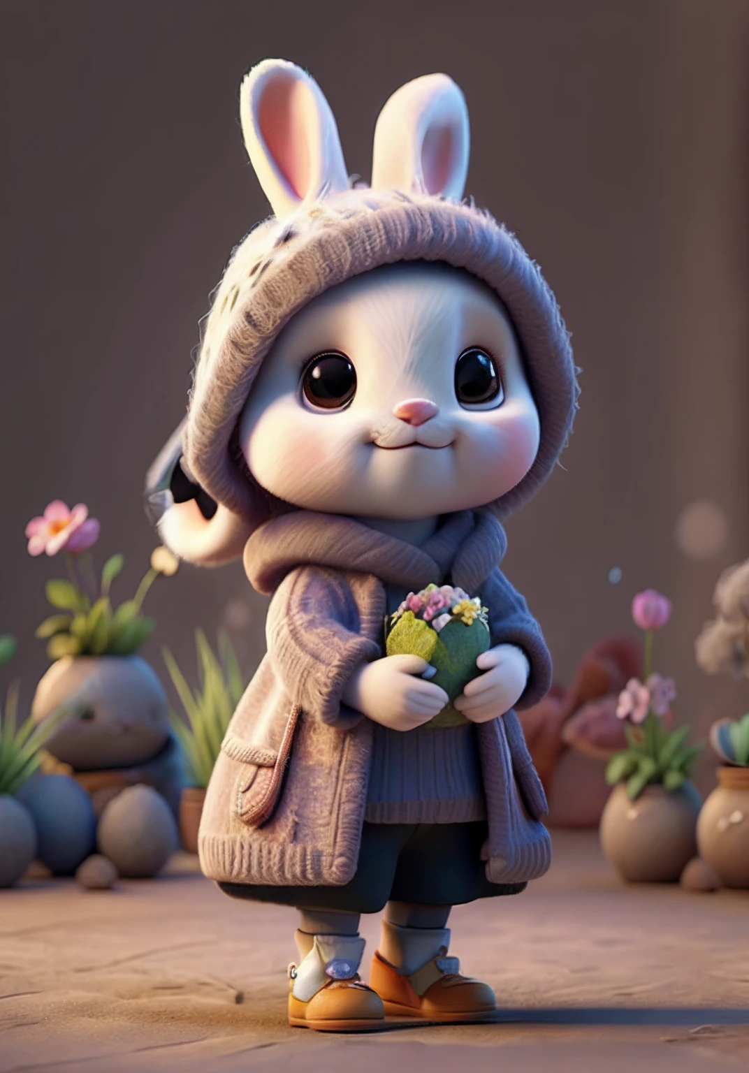Bunny, Holding a basket of flowers,bblurry, Bunny, Carrot, Nature, No_Humanity, Depth of field, to8contrast style, Dark_glam, wearing DRK_glam, Deep shadows, (Dark: 1.4), (8K, RAW photo, Best quality, Masterpiece: 1.2)