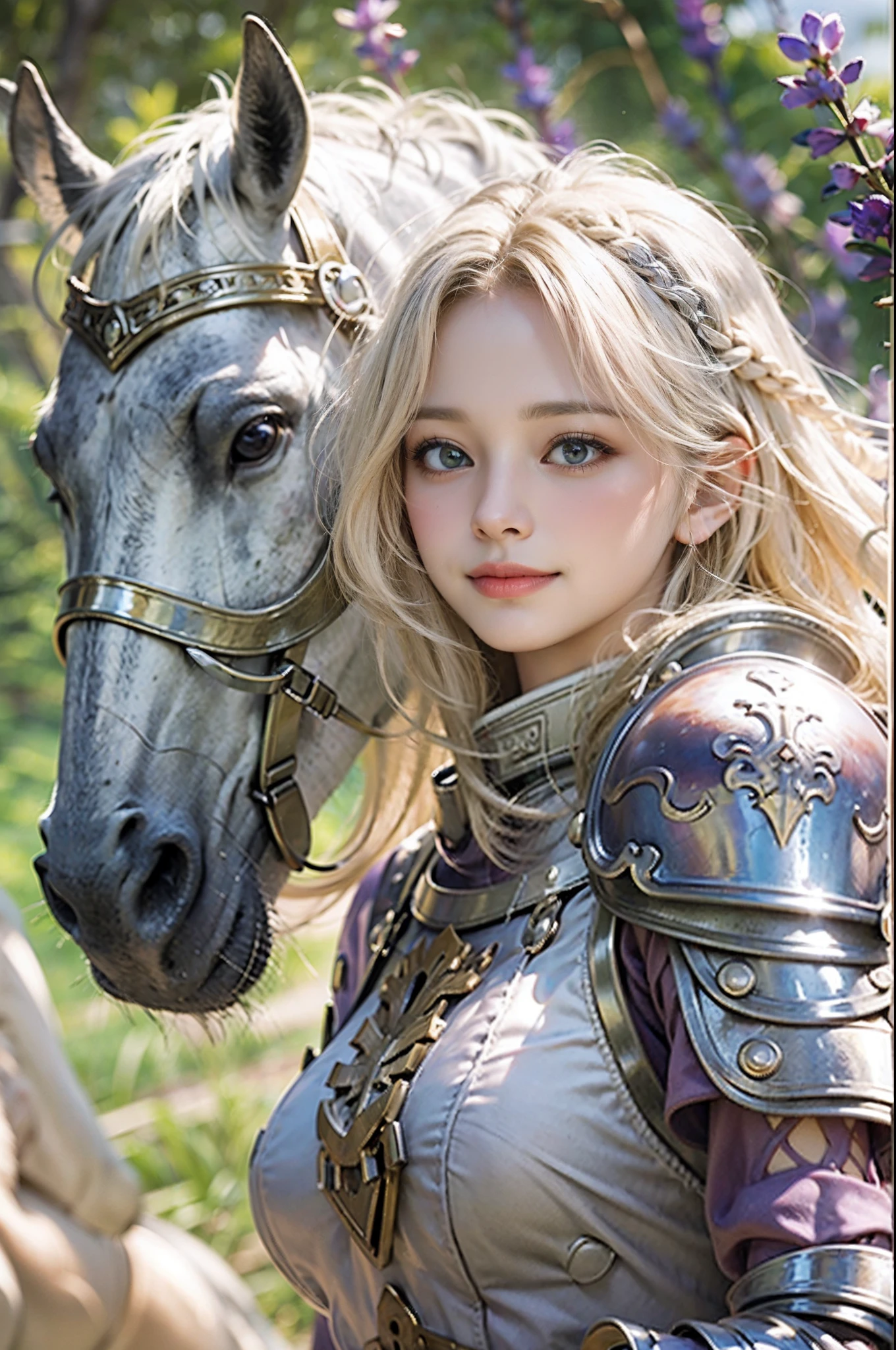 ((top-quality,masterpiece, Ultra-detailed)),1 Young Female Knight, 25-years old ,(ultra hi definition photo), (Professional Photography), grand background, masutepiece, Cinematic Light, Fantasy World,Beautiful, (Shiny blonde hair), Medium Hair, Braids, Wave hair, Shining eyes, Blue eyes,(Powerful smile:1.2), Fashionable silver half plate and dress armor, (Lavender fields), in isekai,Medieval Europe,(White horse:1.6), chies,covered with thorns, Lens Flare, Perfect Lighting,Perfect horse