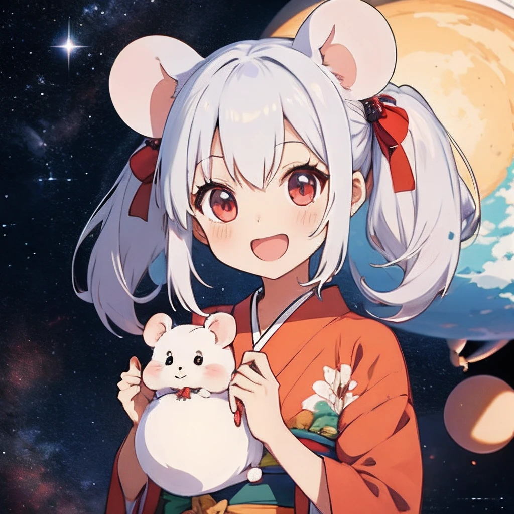 Anime girl with white hair, girl with１a person、（personification）、straight haired、（Twin-tailed）Twin-tailed、Red hair ornament、Anime girl with round ears of a mouse, Anime visuals of cute girls, （Wearing a red kimono）（large ears that are round and white,）、（I have a pet rat next to me）、portlate、（Outer space background）Outer space background、（A big smile）