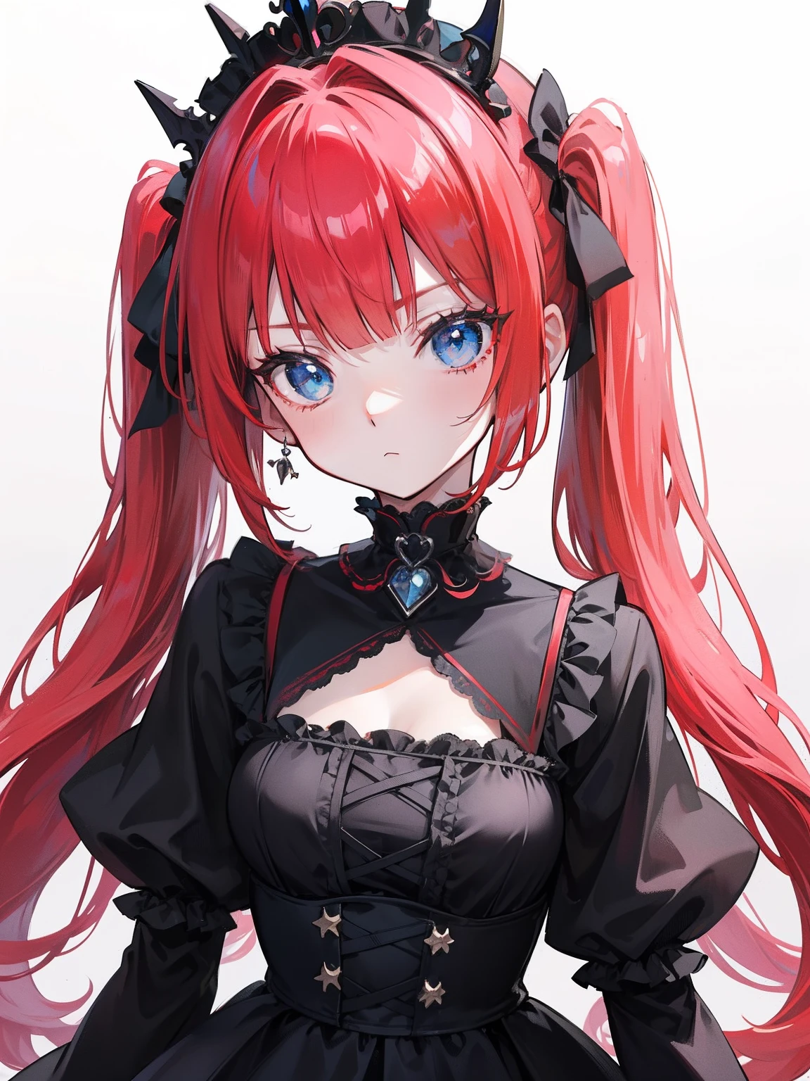 Red hair, Blue eyes, twintails, Goth Lolita, Darkgoth, Collar,Crown tiara,pride,solo,loli,Long hair,{{best quality}}, {{masterpiece}}, {{ultra-detailed}}, {illustration}, {detailed light}, {an extremely delicate and beautiful},little girl,cute,