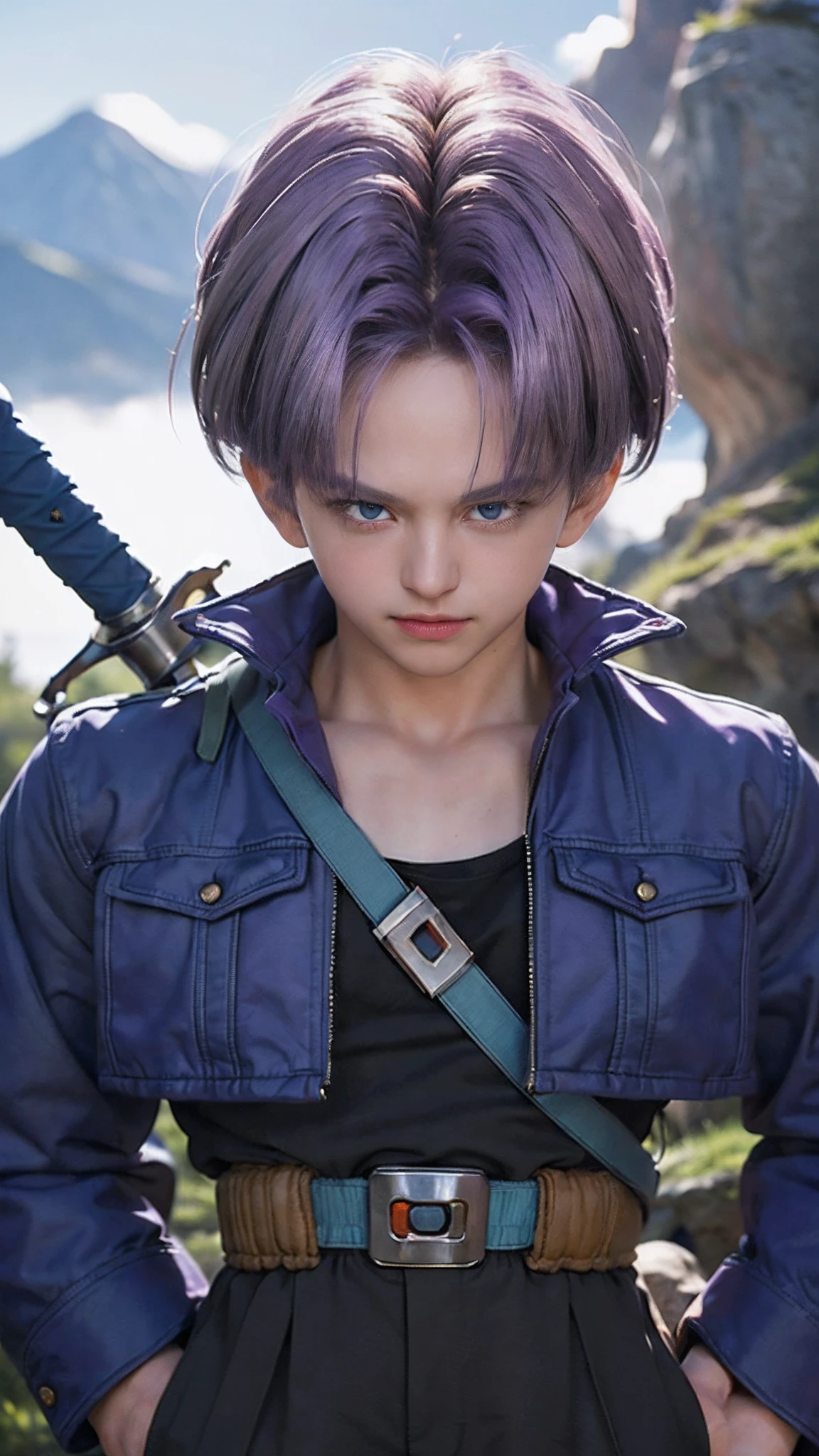 ((masterpiece:1.4, best quality)), ((masterpiece, best quality,8K)), (photo realistic:1.4), (trunks \(dragon ball\), purple hair, blue eyes, jacket, shirt, pants, sword, male), (rocky ground, rocky mountain, sky), professional lighting, physically-based rendering