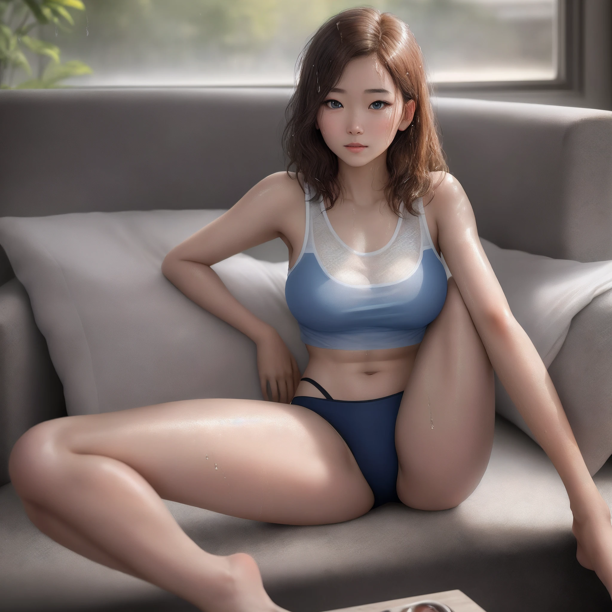Girl (Masterpiece: 1.4), (8K, Real, Raw Photo, Best Quality: 1.4), Japan Person, (1 Girl), Beautiful Face, (Real Face: 1.4), (Caramel Hair, Long Hair: 1.3), Beautiful Hairstyle, Realistic Blue Eyes, Beautiful Detail Eyes, (Real Skin: 1.3), Beautiful Skin, Attractive, Ultra High Resolution, Ultra Realistic, High Definition, Golden Ratio, (Detailed Face: 1.4), (Anna Tanaka), Wet and sheer tank top, short hair, wet and see-through white see-through panties, NSFW, nipple areola shape clear, look here, sitting on the couch, pubic area shape is transparent and clear, sweat drenched, pose (knees bent and legs wide open), clear unevenness of body, hands in panties