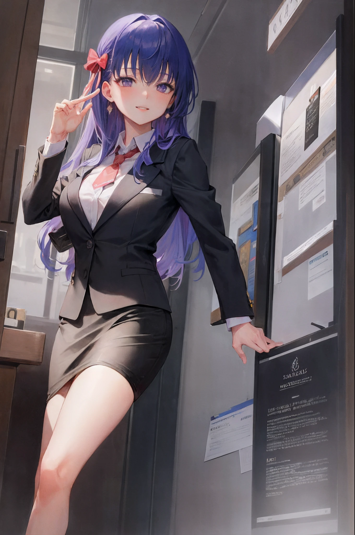 masterpiece, best quality, absurdres, perfect antomy, matou sakura, 1girl, solo, long hair, bangs, breasts, standing, cowboy shot, smile, blush, business suit, blazer, pencil skirt