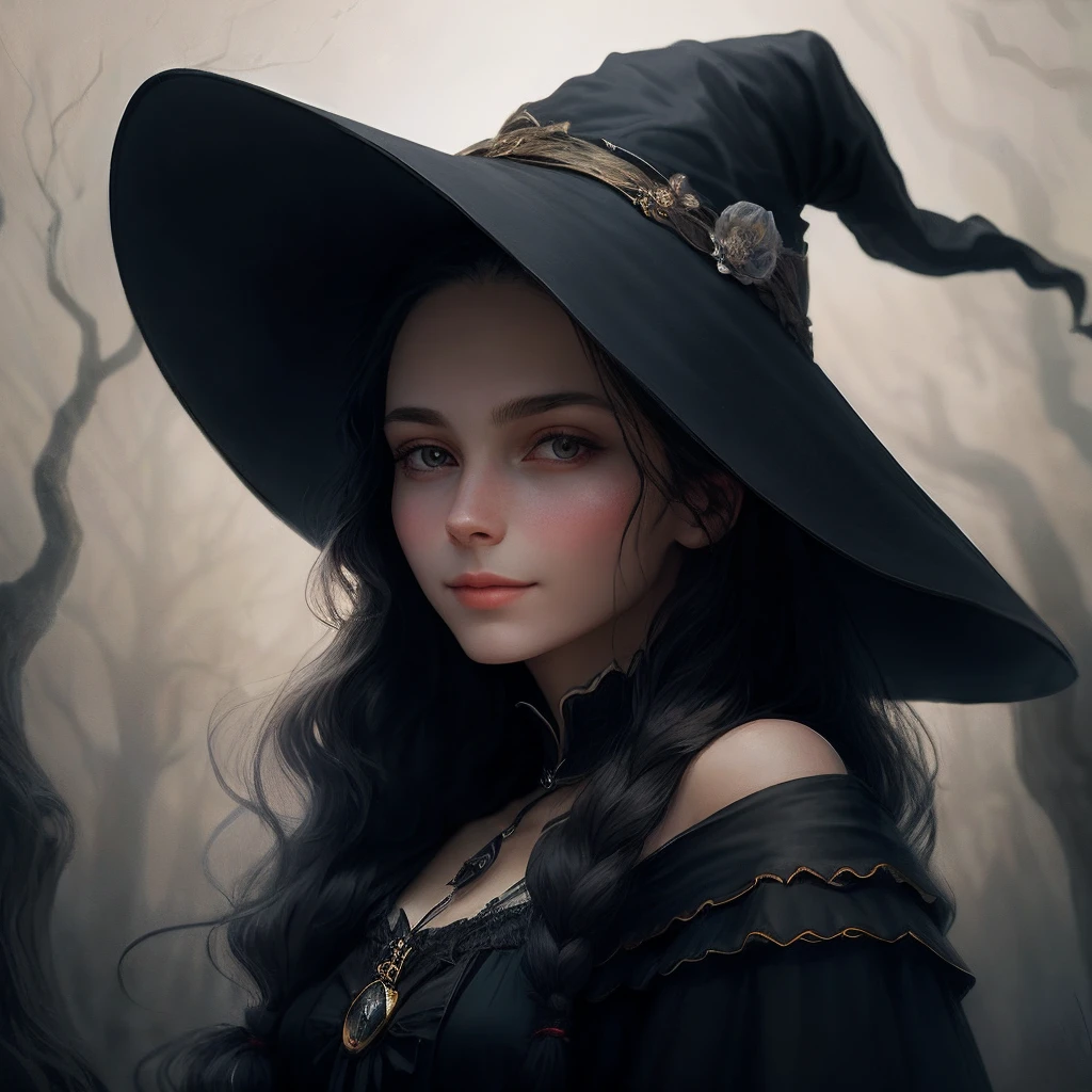 Beautiful witch in a pointed hat, loose hair on the shoulders, A slight smile, Mysterious atmosphere, soft light, hiquality, Detailed study