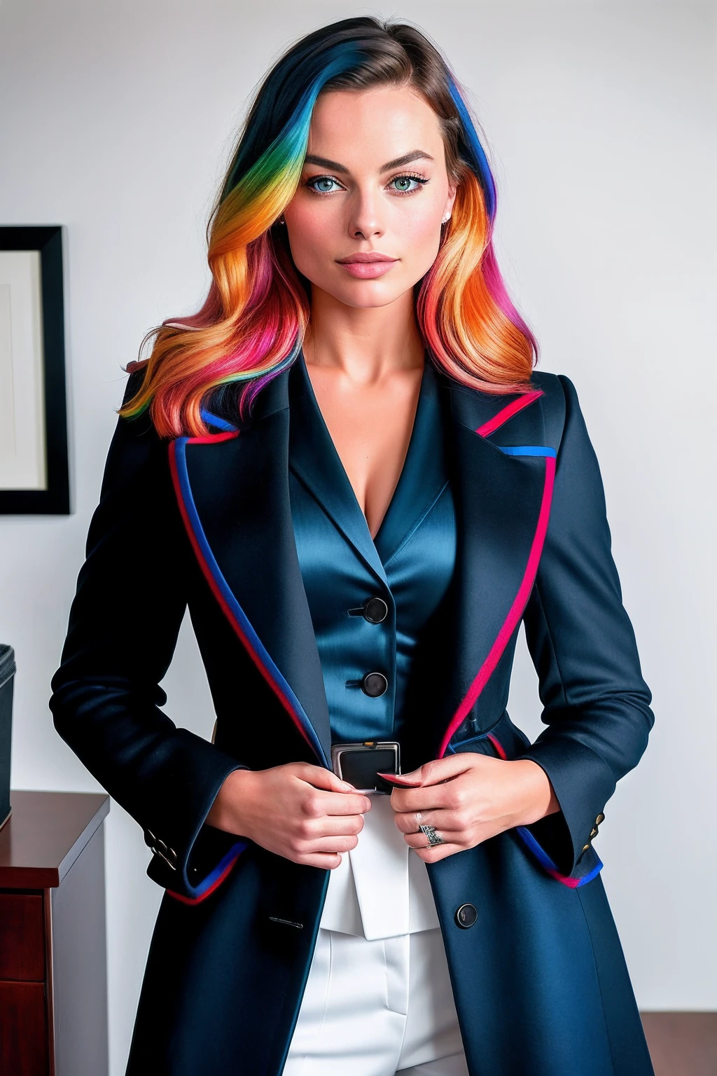 RAW photo, ((above waist)) portrait of [Margot Robbie|Angelina Jolie] looking at viewer, ((multicolored hair)), ((dark blue long office coat)):0.2, cleavage,  (high detailed skin:1.2), 8k uhd, dslr, soft lighting, high quality, film grain, Fujifilm XT3