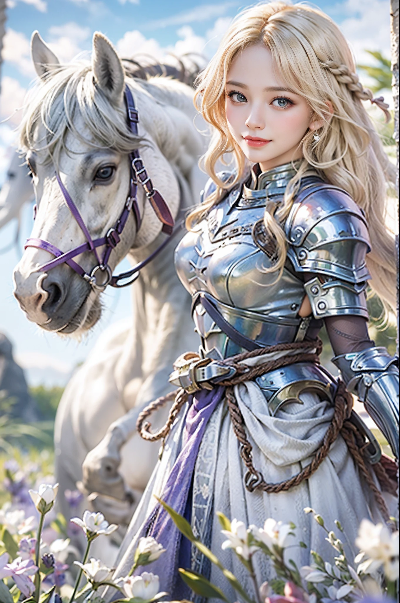 ((top-quality,masterpiece, Ultra-detailed)),ung Female Knight, 25-years old ,(ultra hi definition photo), (Professional Photography), grand background, masutepiece, Cinematic Light, Fantasy World,Beautiful, (Shiny blonde hair), Medium Hair, Braids, Wave hair, Shining eyes, Blue eyes,(Powerful smile:1.2), Fashionable silver half plate and dress armor, (Lavender fields), in isekai,Medieval Europe,(White horse:1.6), chies,covered with thorns, Lens Flare, Perfect Lighting,Perfect horse
