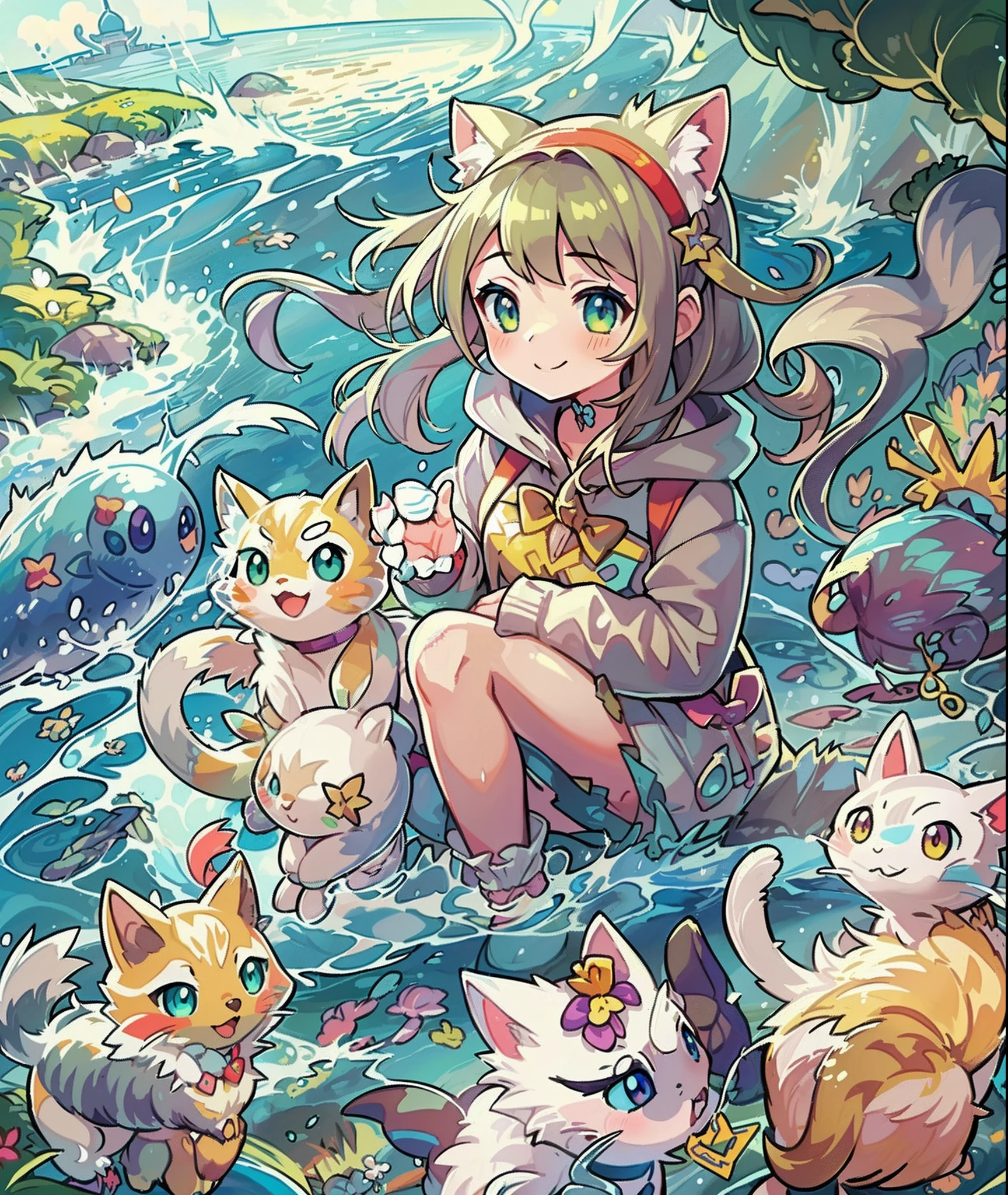 1girl in,A pokémon_The card,(top-quality), (high_quality), (Convoluted_Details), (ultra-detailliert), (illustratio), (Distinct_image),saito_naoki,Seascape、Rainbow View、With cats（（Cute cat１.５））