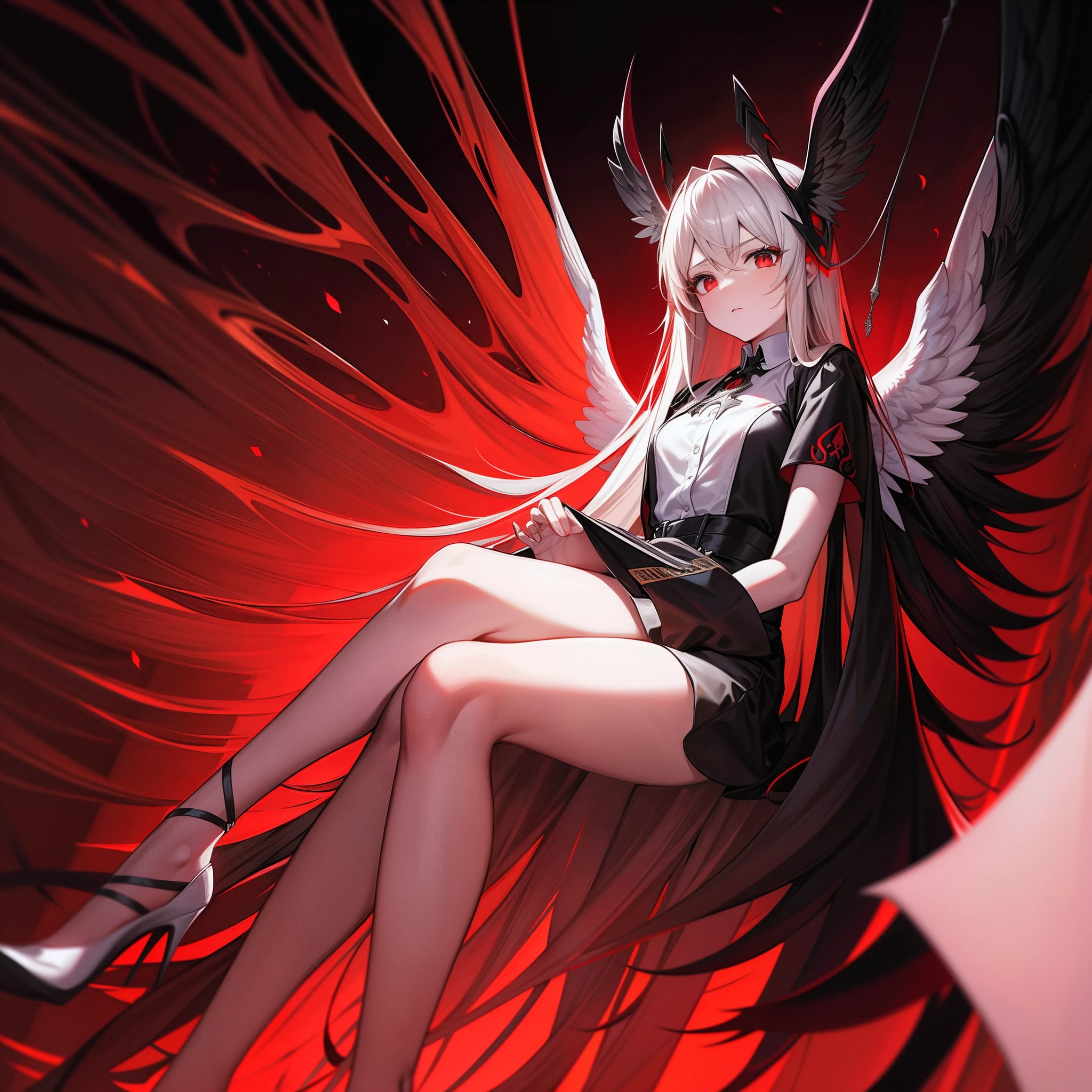 Six-winged Blazing Archangel,cabelos preto e longos,red color eyes,Black coat rests over the shoulders,Short white dress,white short sleeve,bored expression,Hold the cheeks,sitting in classroom