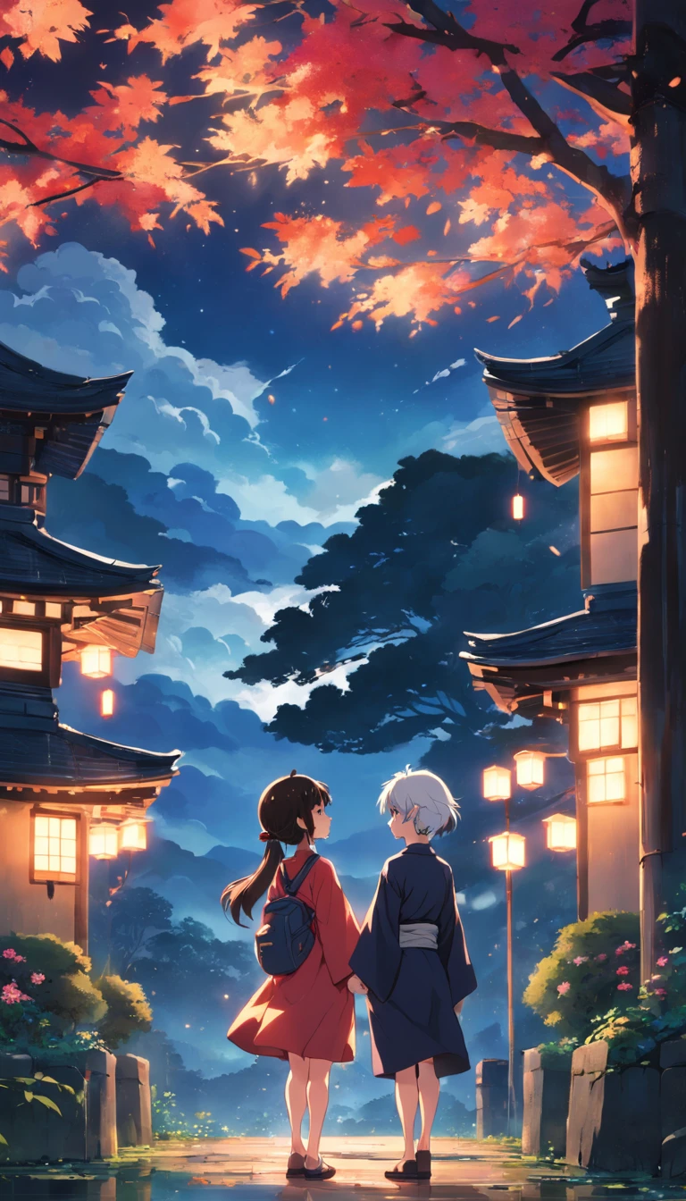 masterpiece, best quality, movie still, large 1woman, little 1boy, love, looking at another, japanese style, Garden