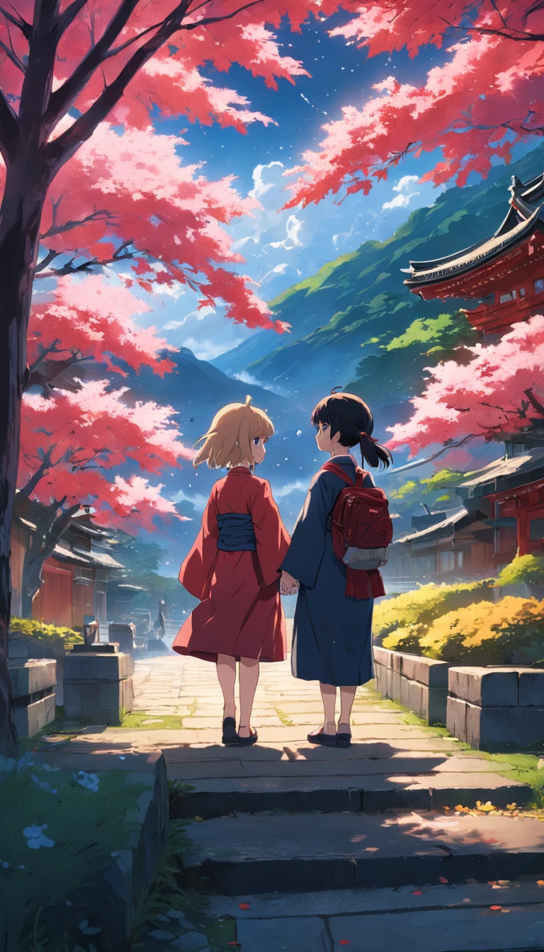 masterpiece, best quality, movie still, large 1woman, little 1boy, love, looking at another, japanese style, Garden