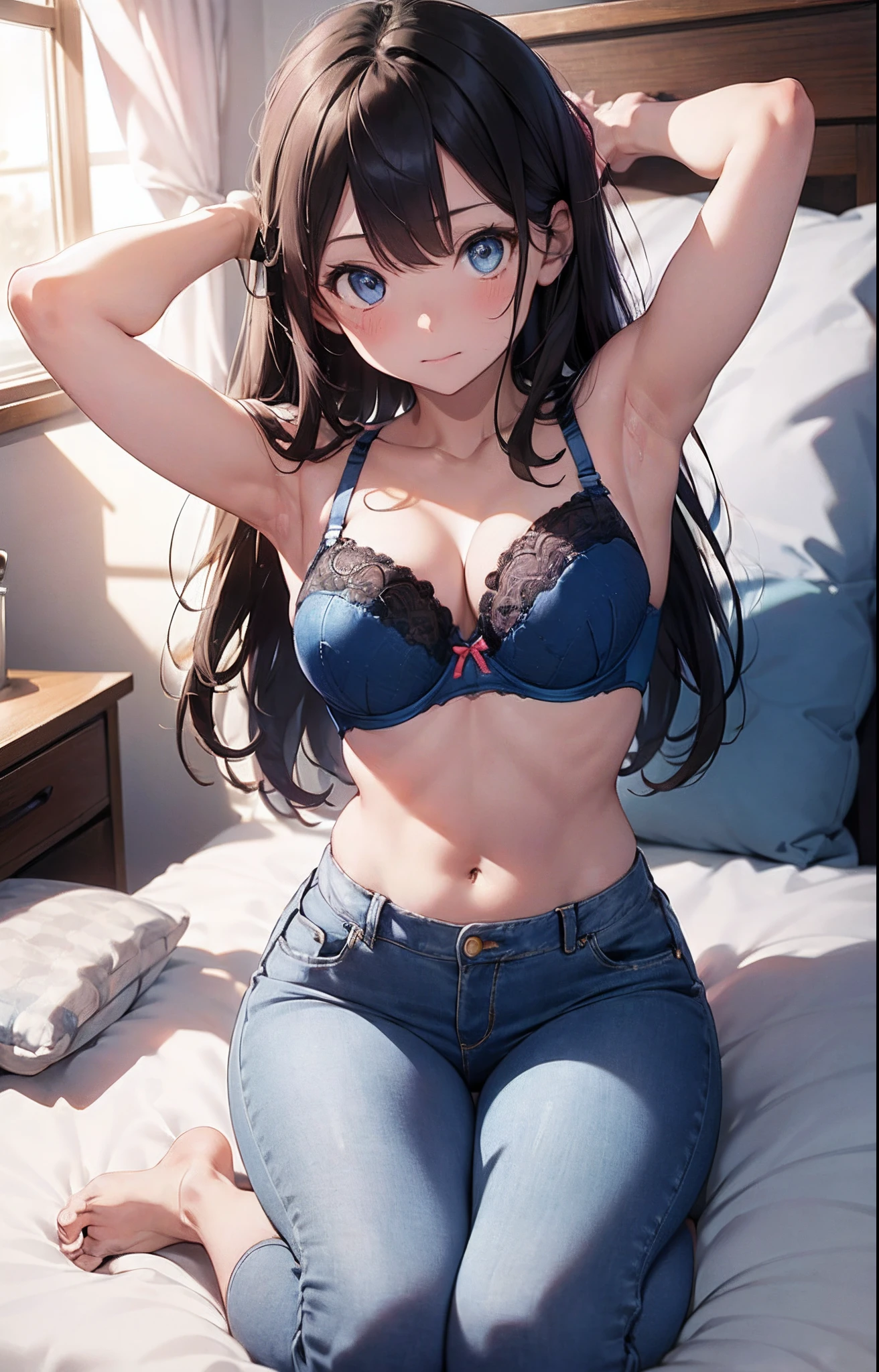 masterpiece, extremery magnificent view, perspective, extremery best quality, extremery detailed CG, 8k wallpaper, high resolution, highly detailed face, highly detailed eyes, perfect anatomy, super detailed skin,
(dynamic angle, dynamic pose:1.2), indoors, bedroom, bed and pillow, (portrait, legs focus, full body shot), (beautiful face, beautiful eyes, beautiful legs:1.3), looking at viewer, blush,
1 girl, solo, (bra top, blue jeans pants:1.3), (skinny jeans:1.3), medium breasts, brown hair, long hair, straight hair, open forehead, (barefoot), blue eyes, (navel:0.8), (lying on bed), (spread legs:0.8), skinny, slender, arms up, wide hips, thin waist