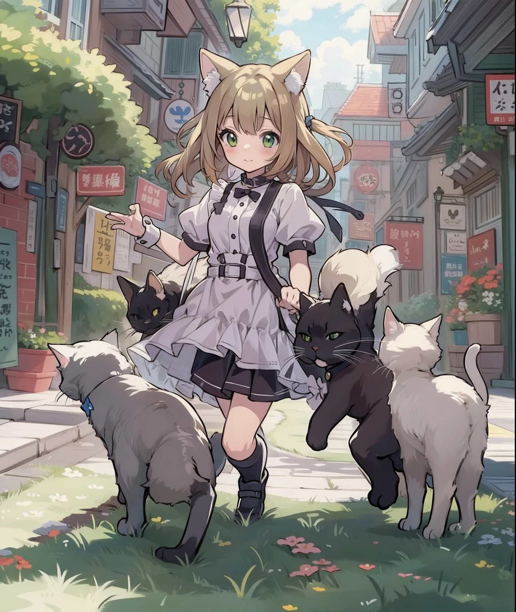 Anime girl in dress with cat and black cat walks down the street, anime catgirl, cute anime catgirl, beautiful anime catgirl, anime cat girl in a maid costume, Cat Girl, anime cat, Anime girl with cat ears, Very Beautiful Anime Cat Girl, attractive cat girl, catgirl, Nekomimi, beautiful young catgirl, anime visual of a cute cat