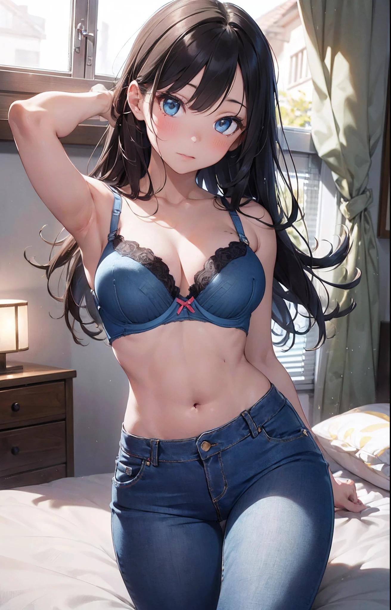 masterpiece, extremery magnificent view, perspective, extremery best quality, extremery detailed CG, 8k wallpaper, high resolution, highly detailed face, highly detailed eyes, perfect anatomy, super detailed skin,
(dynamic angle, dynamic pose:1.2), indoors, bedroom, bed and pillow, (portrait, legs focus, full body shot), (beautiful face, beautiful eyes, beautiful legs:1.3), looking at viewer, blush,
1 girl, solo, (bra top, blue jeans pants:1.3), (skinny jeans:1.3), medium breasts, brown hair, long hair, straight hair, open forehead, (barefoot), blue eyes, (navel:0.8), (lying on bed), (spread legs:0.8), skinny, slender, arms up, wide hips, thin waist