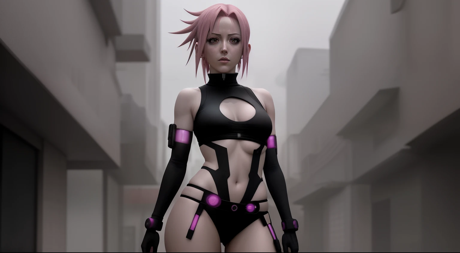 Sakura haruno, cuerpo completo, licra oegado al cuerpo, estilo cyberpunk, sombreado perfecto, Magnificent lighting, 4k hdr, High dynamic contrast.