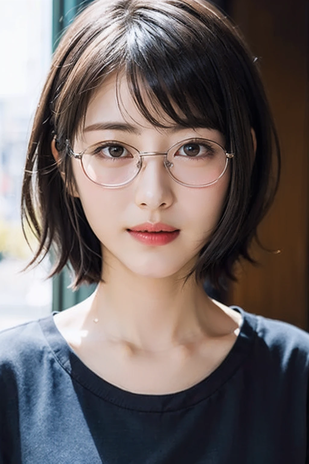 (8K、Raw photography、top-quality、​masterpiece:1.2)、(realisitic、Photorealsitic:1.37)、ultra-detailliert、超A high resolution、***1人、see the beholder、beautifull detailed face、A smile、Constriction、(Slim waist) :1.3)、Autumn clothes、Beautiful detailed skin、Skin Texture、Floating hair、Professional Lighting、Osaka、Black-rimmed square glasses、Whole human body、Brown hair