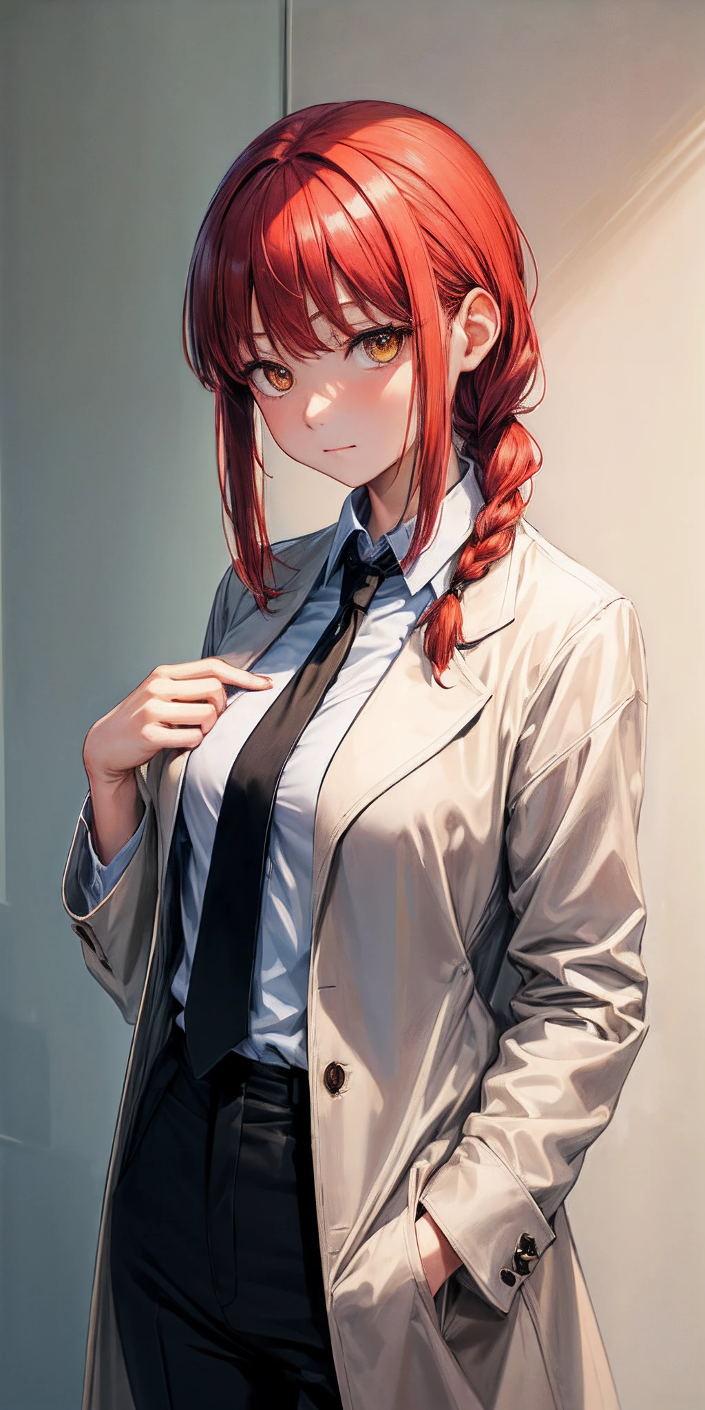 (masterpiece, best quality:1.2), solo, 1girl, makima, expressionless, closed mouth, looking at viewer, braided ponytail, ringed eyes, formal, coat, collared shirt, black necktie, black pants,