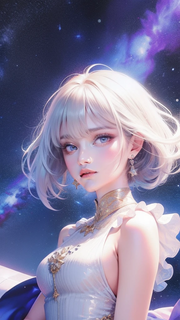 The girl's hair is turning into a starry sky,The girl's clothes blend into the galaxy