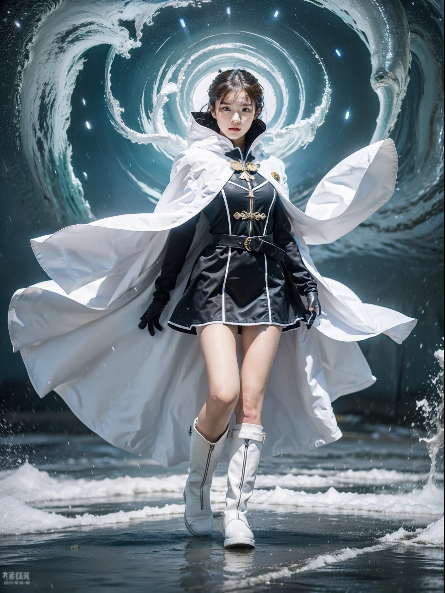 Nature Guardian Typhoon woman wearing typhoon symbol uniform,White cloak, Long white gloves on his hands, Wear white knee-length boots on her feet, Stand in the middle of a typhoon and release energy to photograph your whole body