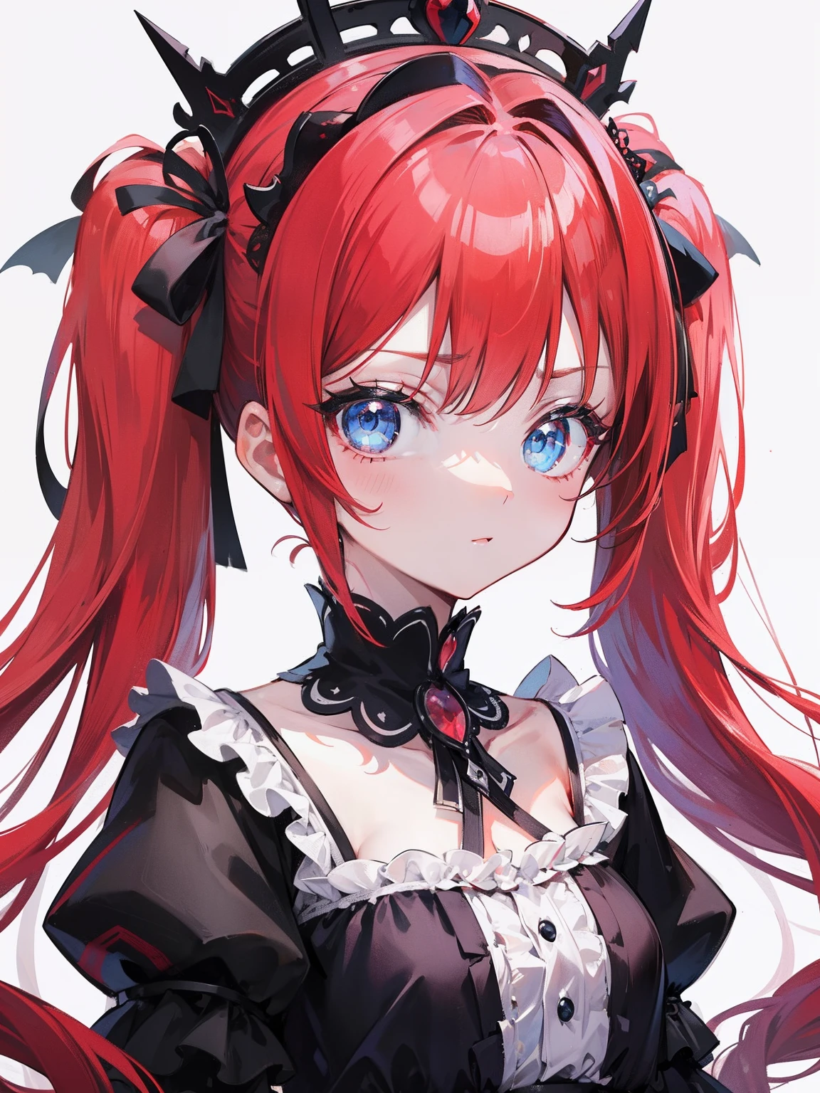 Red hair, Blue eyes, twintails, Goth Lolita, Darkgoth, Collar,Crown tiara,pride,solo,loli,Long hair,{{best quality}}, {{masterpiece}}, {{ultra-detailed}}, {illustration}, {detailed light}, {an extremely delicate and beautiful},little girl,cute,