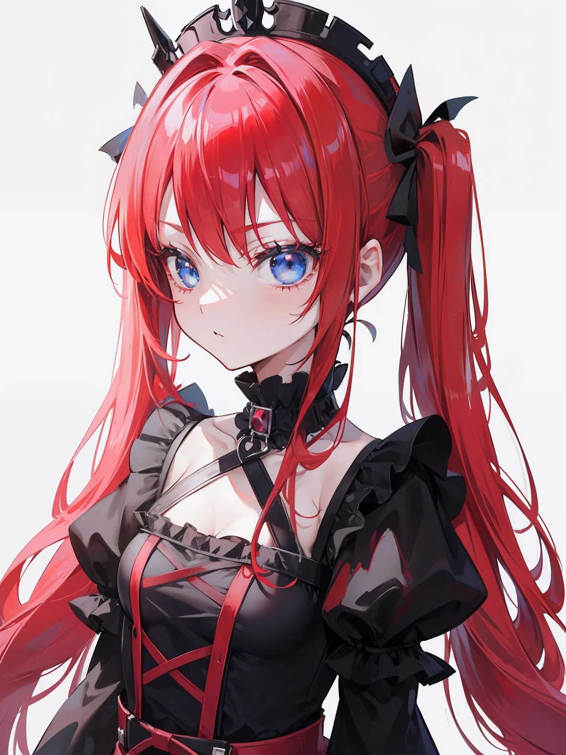 Red hair, Blue eyes, twintails, Goth Lolita, Darkgoth, Collar,Crown tiara,pride,solo,loli,Long hair,{{best quality}}, {{masterpiece}}, {{ultra-detailed}}, {illustration}, {detailed light}, {an extremely delicate and beautiful},little girl,cute,