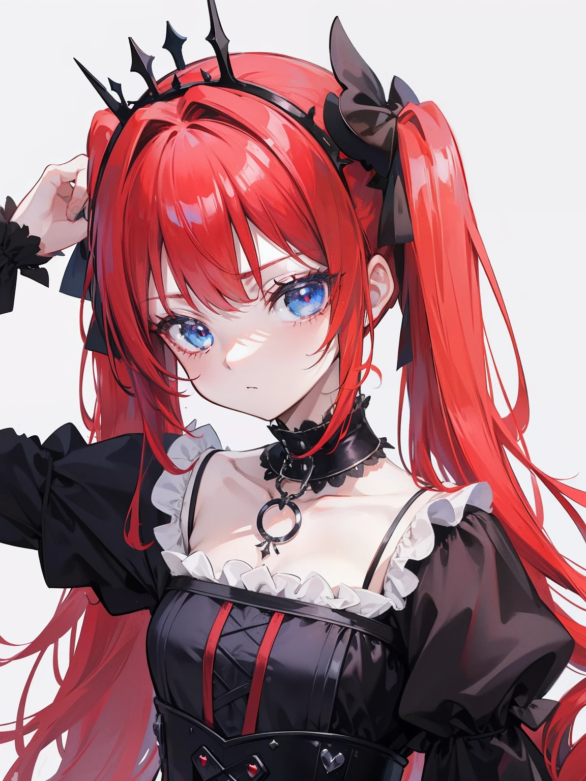 Red hair, Blue eyes, twintails, Goth Lolita, Darkgoth, Collar,Crown tiara,pride,solo,loli,Long hair,{{best quality}}, {{masterpiece}}, {{ultra-detailed}}, {illustration}, {detailed light}, {an extremely delicate and beautiful},,cute,