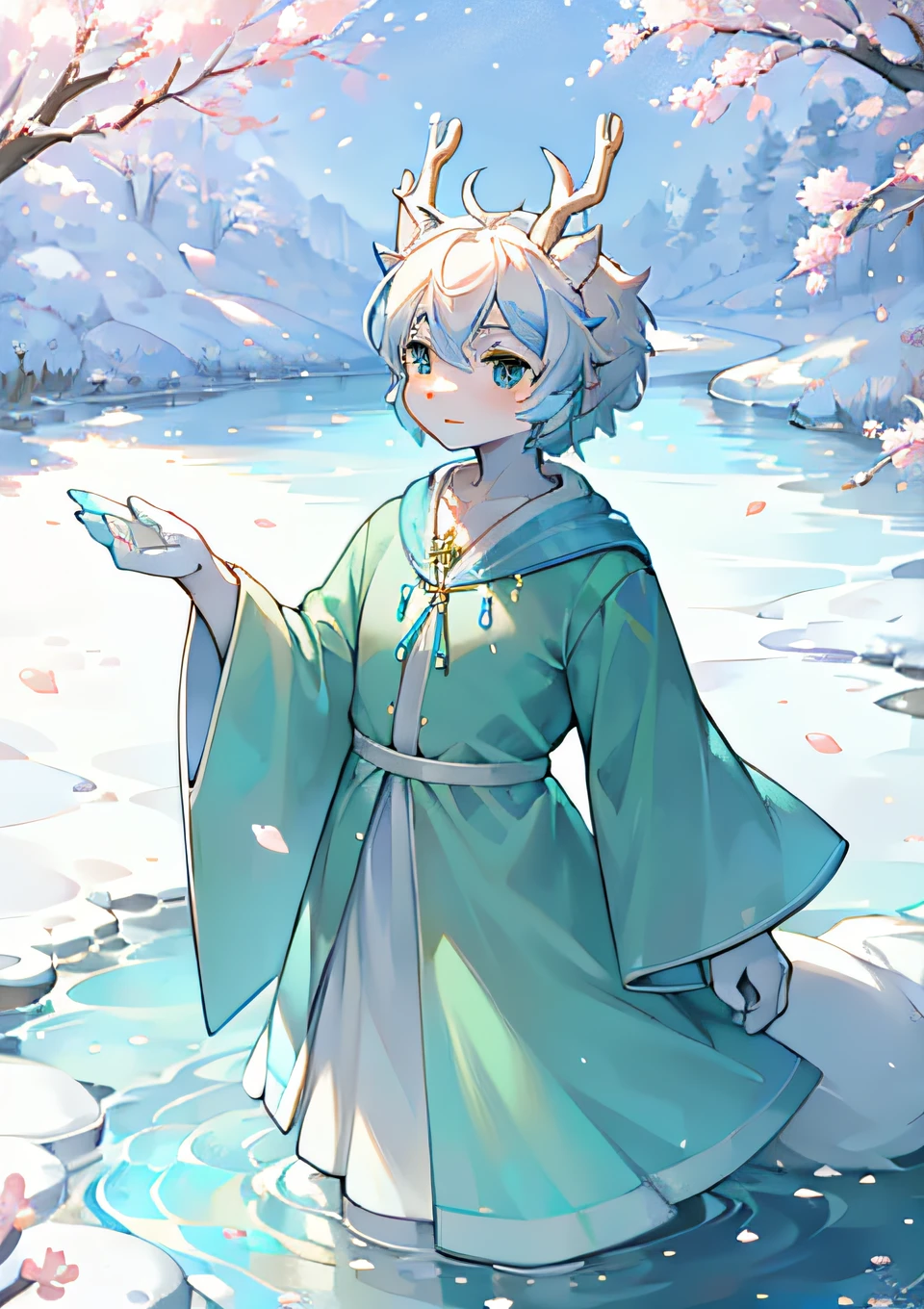 White deer standing by the river，White body，Ambiguous gender，Green robe，Clear blue river water，flowing river，White pear blossom tree，Pear petals，Petals fall on the grass，Petals float on the surface of the river，nevando，snowfield，solo person，adolable，infancy，Reach for the petals，White pattern，Reach for the petals，snowfield，White pear blossom，White petals，In the daytime，blue-sky，White color hair，Green robe，flowing robe，Scholar，white  clothes，green and white clothes，k hd，Stand on the riverbank，Open pear trees，springtime，Expectant eyes，Bright picture，Clear facial features，Looking at the river