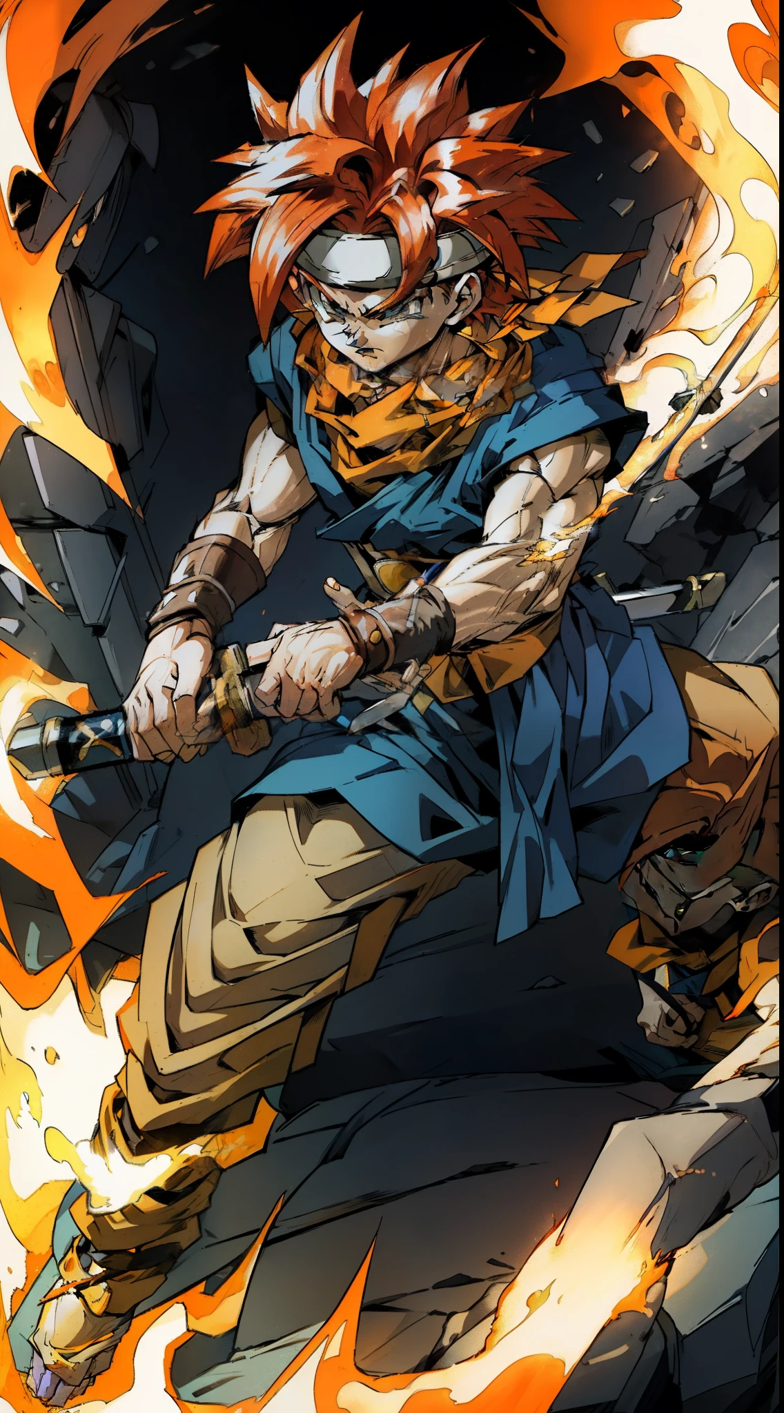 (masterpiece, cartoon, solo, 1boy, Crono_CT blue tunic, white headband, orange neckerchief, red hair, spiked hair, holding sword, (fighting stance:1.3), action scene, dynamic pose, fire sword, serious look, 4k)