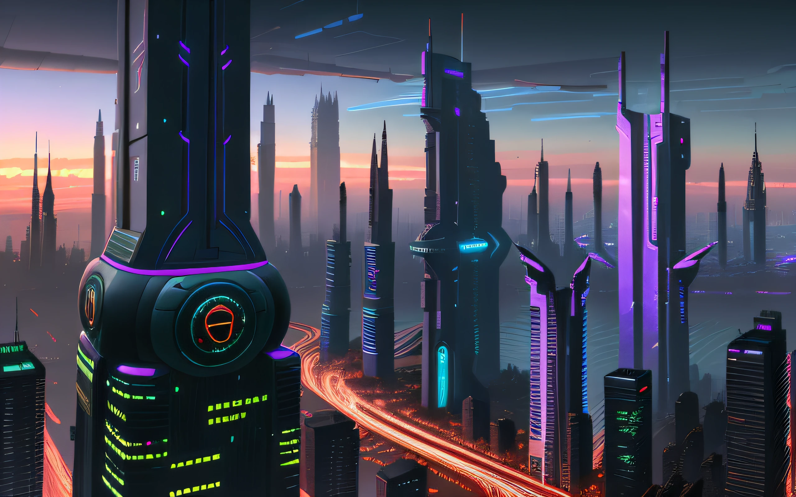 Cidade futuristica,There is a clock tower and a futuristic car in the middle, at cyberpunk city, cyberpunk city landscape, in a futuristic cyberpunk city, Futuristic city landscape, hyper realistic cyberpunk city, Cyberpunk city, cyberpunk city landscape, futuristic cyberpunk city, cyberpunk city landscape, city in the style of cyberpunk, futuristic urban background, background cyberpunk city, cyberpunk in a cyberpunk city