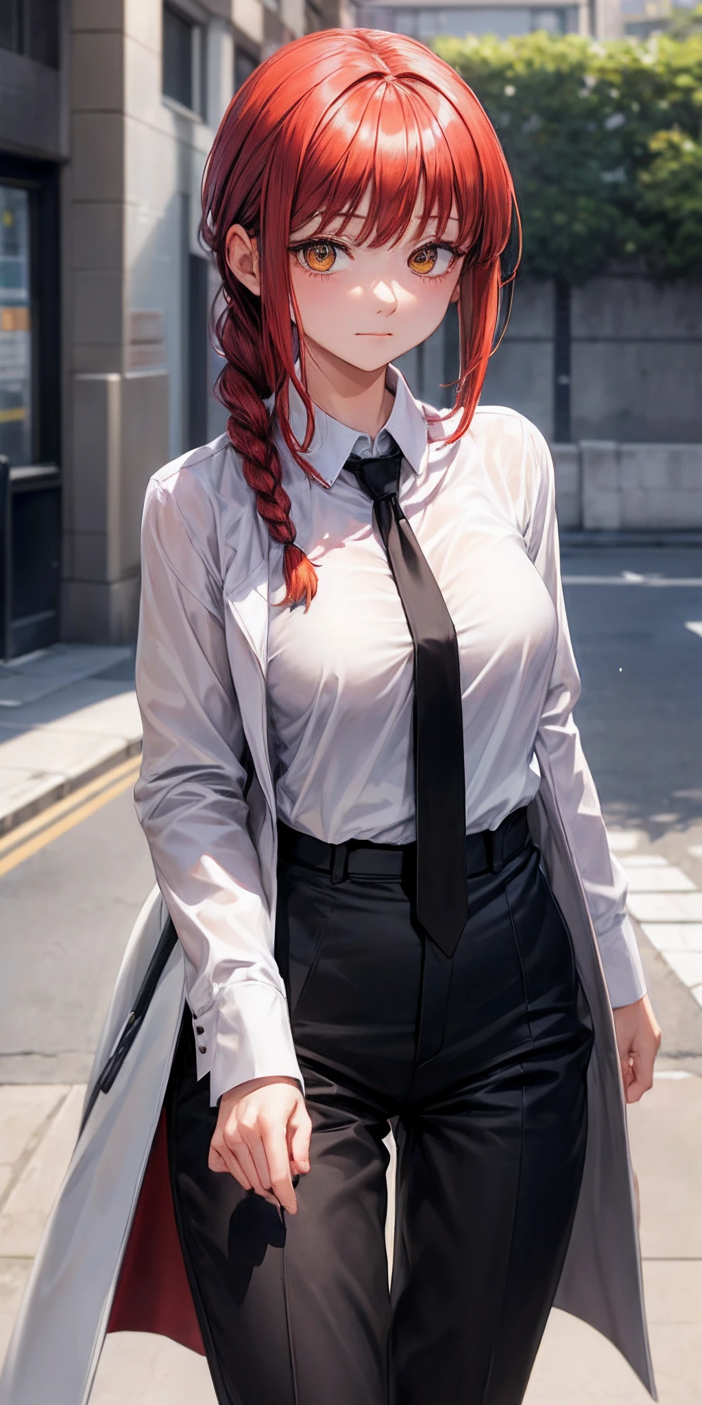 (masterpiece, best quality:1.2), solo, 1girl, makima, expressionless, closed mouth, looking at viewer, braided ponytail, ringed eyes, formal, coat, collared shirt, black necktie, black pants,