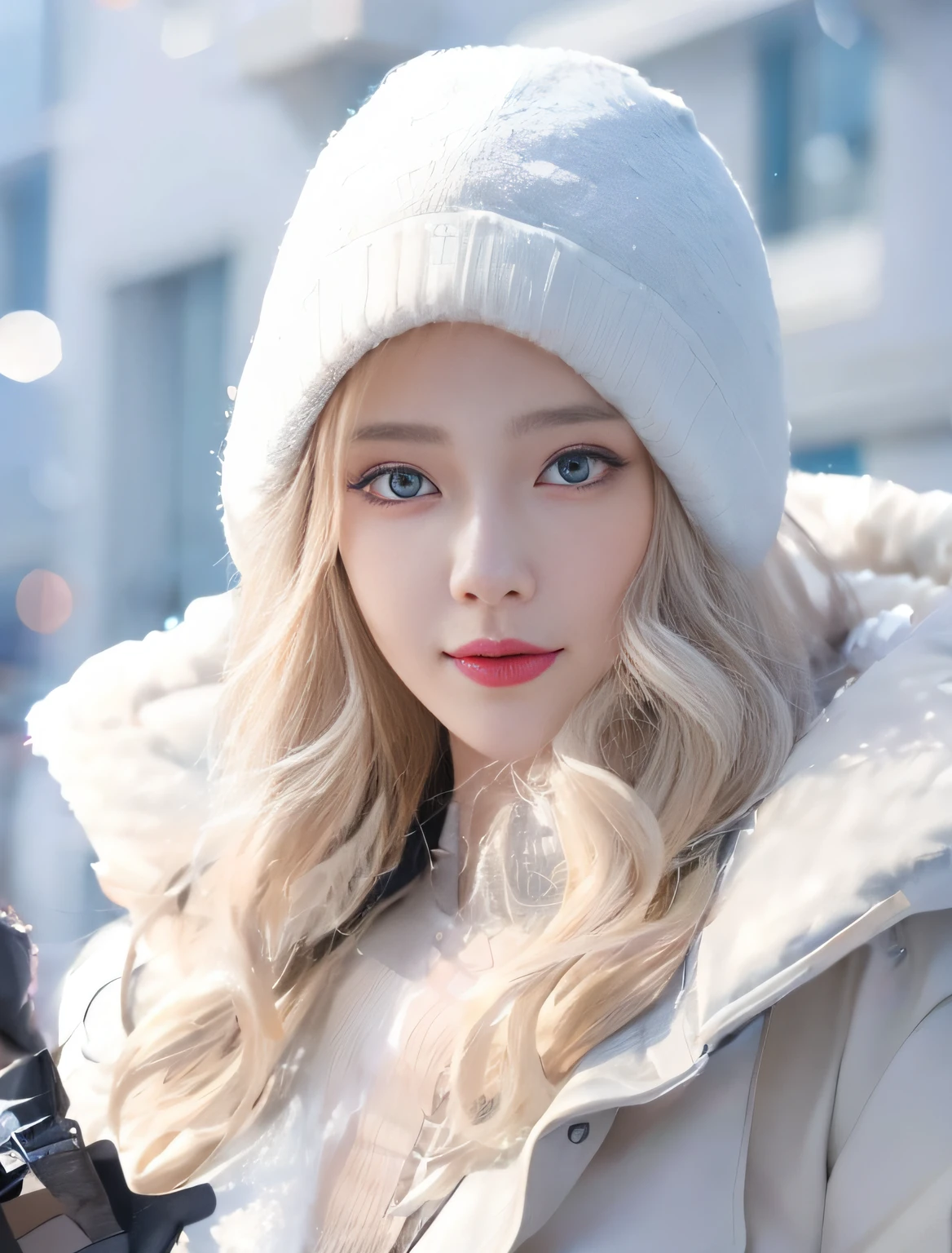 Alfid woman with long blonde hair and white jacket, a beautiful anime portrait, Guviz-style artwork, Kawaii realistic portrait, Stunning anime face portrait, Realistic. Cheng Yi, realistic anime artstyle, cute portrait, Cute natural anime face, author：FAN Qi, Realistic cute girl painting, Beautiful digital artwork, beautiful digital painting, Guviz