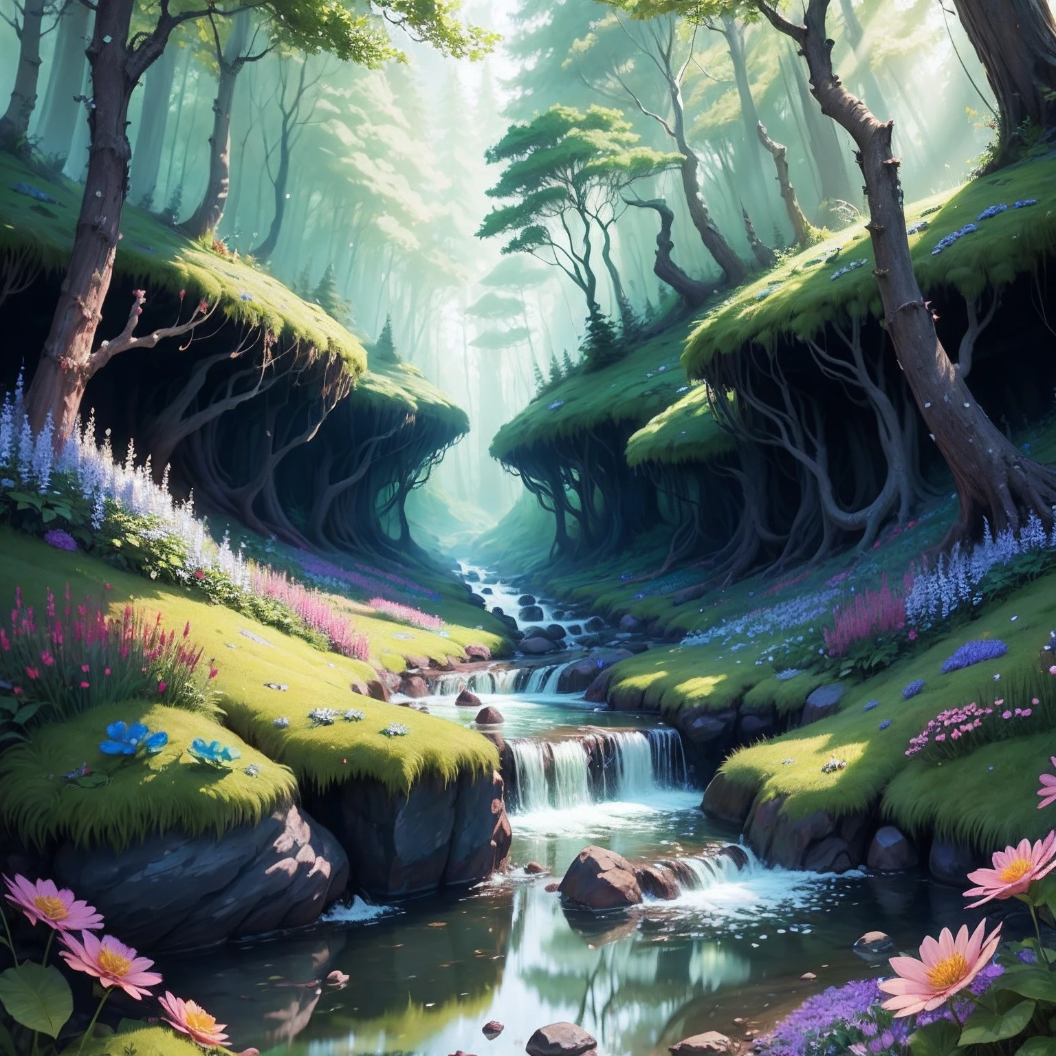 A lush forest filled with fairies, elves and other mythical creatures, colorful flowers, river with rocks, 8k, very detailed, intricated detailed, printable --auto