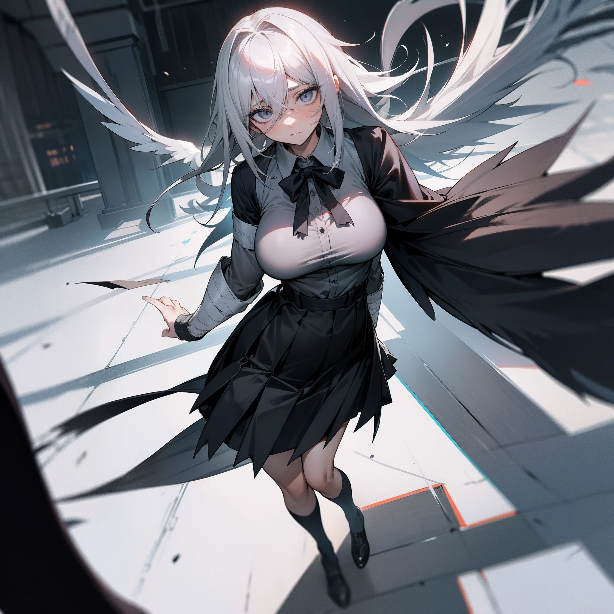Black wings,cabelos preto e longos,Gray eye,Black torn school uniform,Bandages are tied to his arms and legs,A sad look,Desperate eyes with big breasts,Look up slightly,Stand on the school rooftop