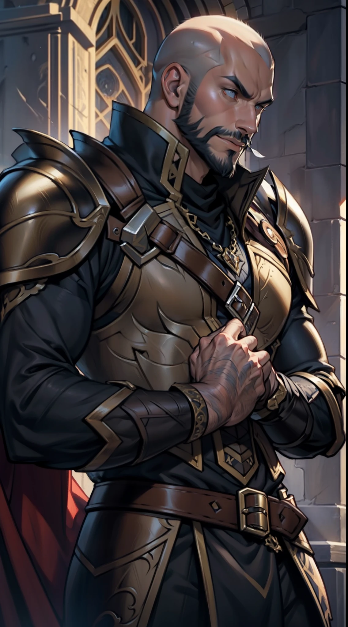 Castlevania Lord of the shadows hyper realistic super detailed Dynamic shot master piece handsome muscular Bald beard muscular handsome warrior leather Armor Wear hyper realistic super detailed
