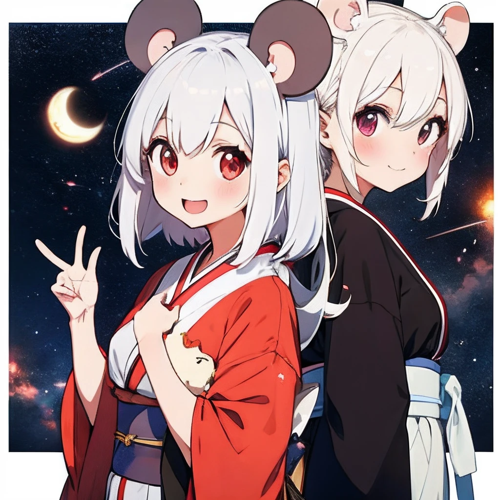 Anime girl with white hair, girl with1a person、(personification)、straight haired、(Twin-tailed)Twin-tailed、Red hair ornament、Anime girl with round ears of a mouse, Anime visuals of cute girls, (Wearing a red kimono)(large ears that are round and white,)、(I have a pet rat next to me)、portlate、(Outer space background)Outer space background、(A big smile)