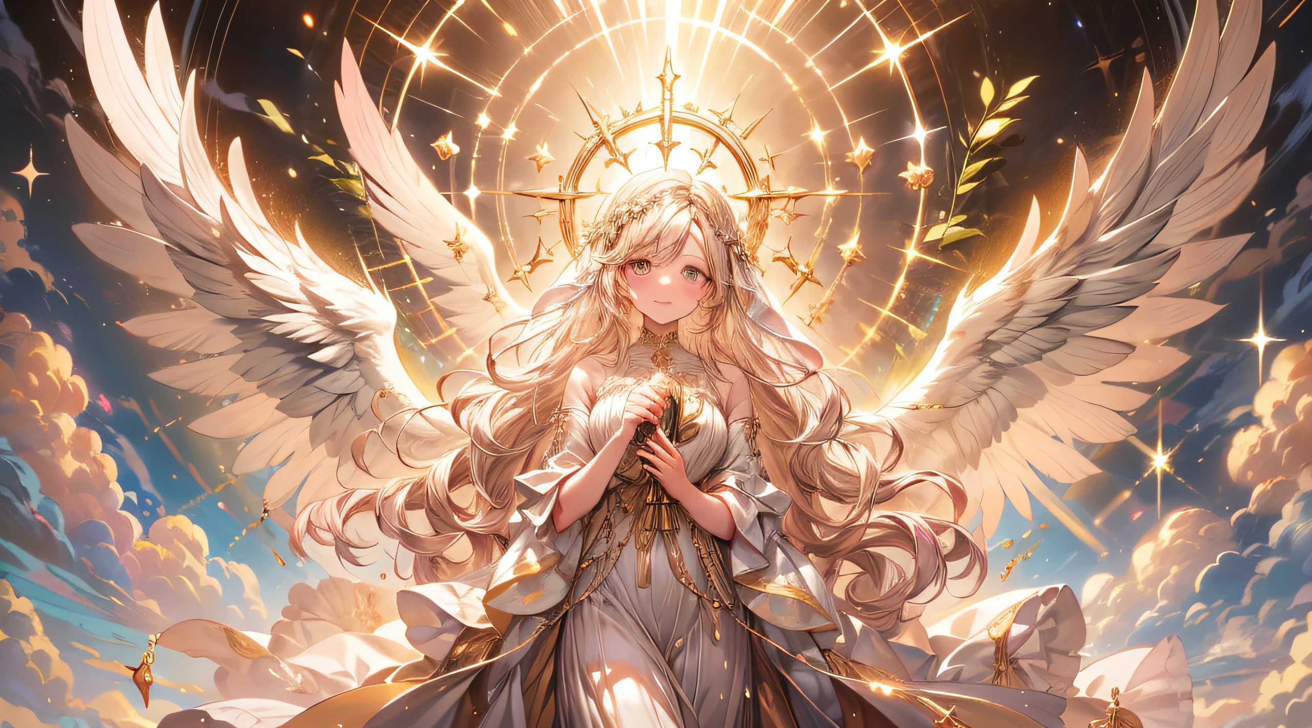 Imagine the breathtaking sight of a golden-haired angelic girl with pristine white wings, Standing before you in her all-day celestial splendor. Her radiant smile is、Illuminate the heavens while clutching a magnificent trophy in delicate hands. Trophies are、Shine with a brilliance that reflects her illustrious achievements. Her golden locks sway gently in the celestial breeze, And her wings exude an aura of grace and purity. This heavenly being has accomplished something extraordinary, And the trophy symbolizes her dedication and hard work. When we capture this heavenly vision with artistic talent, Her divine presence reaches for the stars to others、Inspire them to achieve greatness. This enchanting scene is、Celebrating the triumph of the angelic girl's efforts and the beauty of her celestial journey.