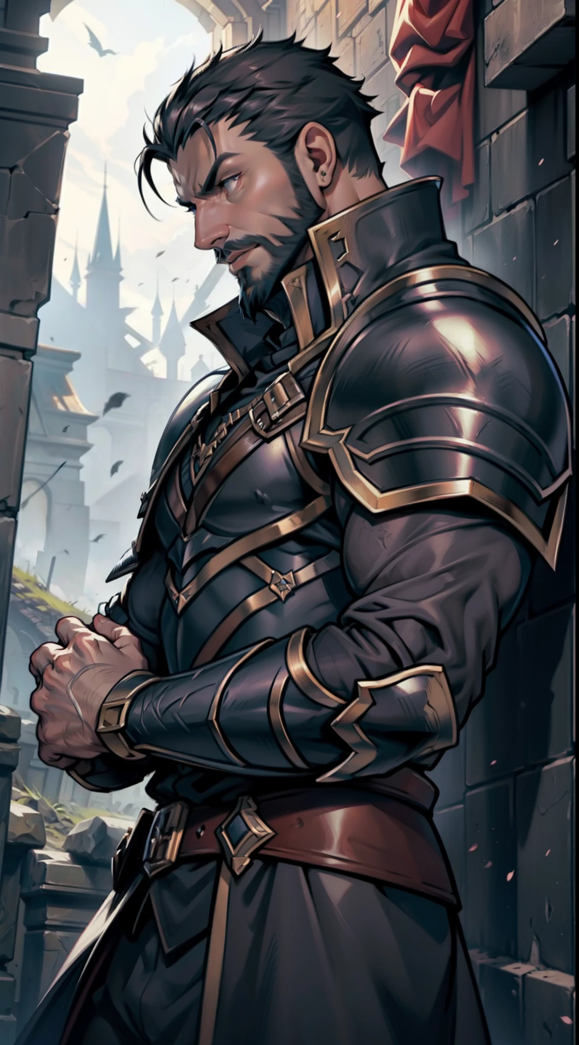 Castlevania Lord of the shadows hyper realistic super detailed Dynamic shot master piece handsome muscular Bald beard muscular handsome warrior leather Armor Wear hyper realistic super detailed