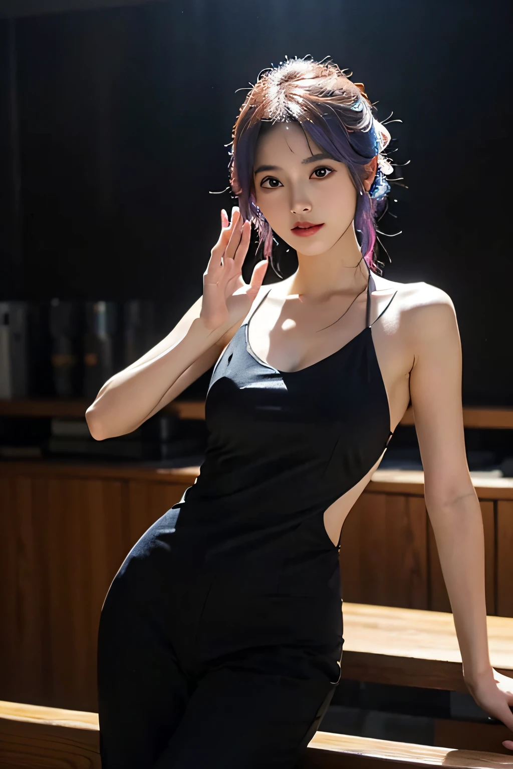 newyork、a bar counter、pantyhose、a miniskirt、耳Nipple Ring、a necklace、A bracelet、Colossal tits、T back、Sexy clothes、Open buttocks、Back Style、Ketin、A woman with purple eyes and purple hair looking at the camera with a beautiful and charming smile、top-quality、masterpiece、ultra-detailliert、Beautiful fece、hight resolution、Original、absurderes、Ultra realistic 8K CG、erfect artwork、((Perfect female figure))、a matural female、thin-waist、Chinese God Watch Viewers、enchanting posture、sexy pose、Captivating、clean、beautiful countenance、Pure face、The skin、A hyper-realistic、ultra-detailliert、A detailed eye、lush body、Dramatic Lighting、Dynamic Poses、(realisticlying)realisitic、 (masterpiece:1.3), (absurderes:1.3), (top-quality:1.3),Photorealsitic,seducting smile, incredibly detailed face, hyperdetailed face, An ultra - realstic face,