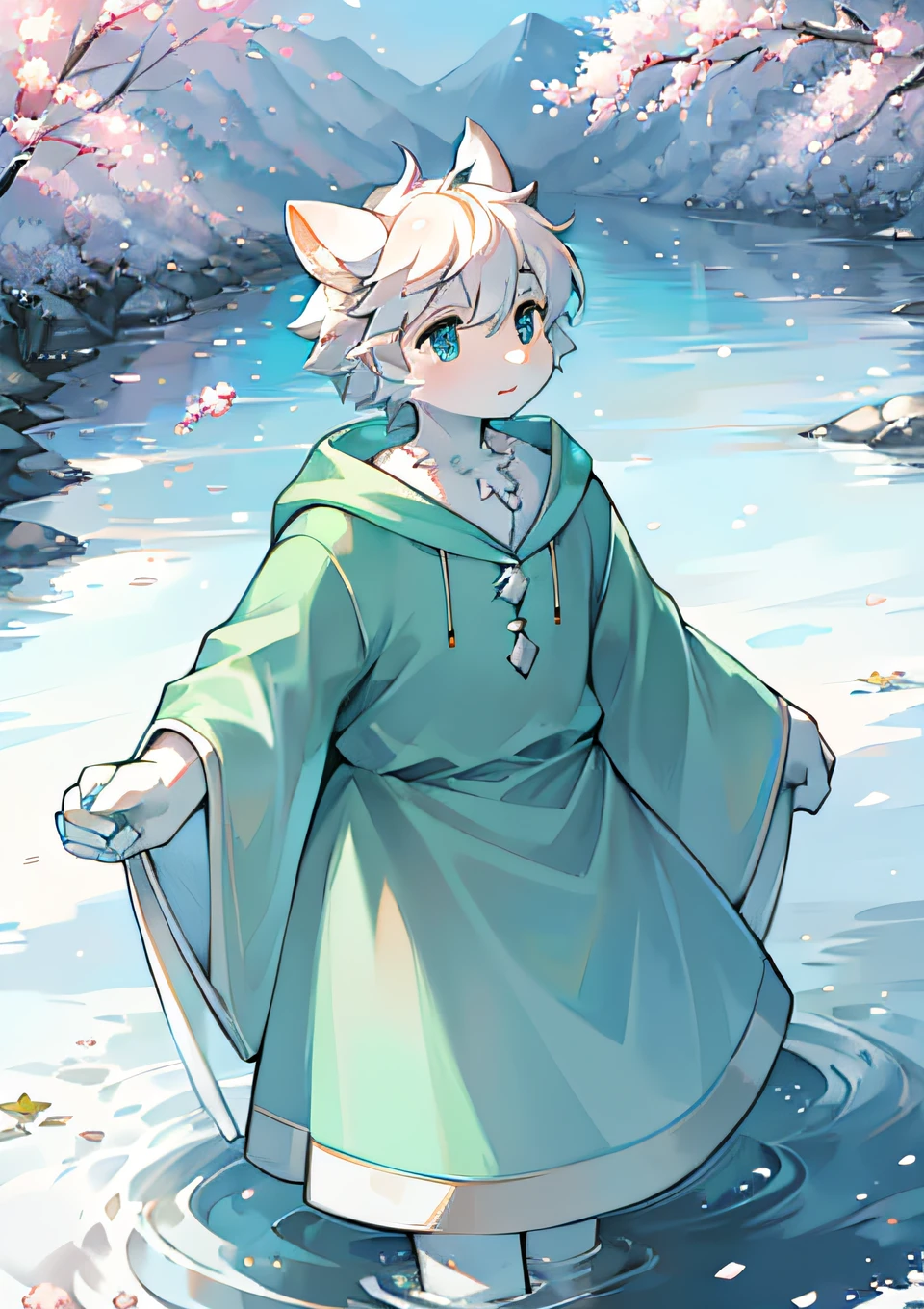 White deer standing by the river,White body,Ambiguous gender,Green robe,Clear blue river water,flowing river,White pear blossom tree,Pear petals,Petals fall on the grass,Petals float on the surface of the river,nevando,snowfield,solo person,adolable,infancy,Reach for the petals,White pattern,Reach for the petals,snowfield,White pear blossom,White petals,In the daytime,blue-sky,White color hair,Green robe,flowing robe,Scholar,white clothes,green and white clothes,k hd,Stand on the riverbank,children's,Open pear trees,springtime,Expectant eyes,Bright picture,Clear facial features