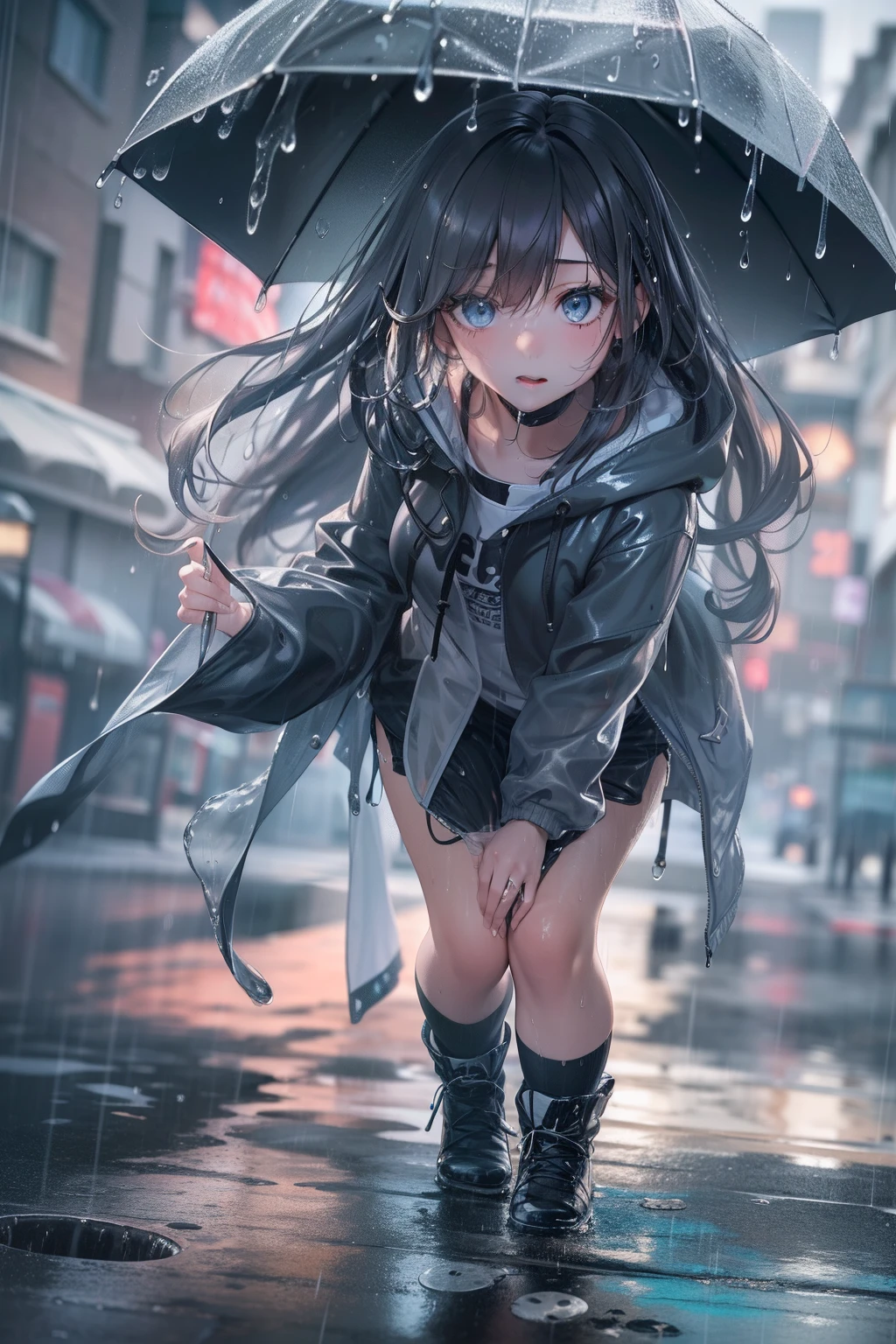 Girl in swimsuit wearing a jellyfish shaped hat、(Masterpiece:1.2, Best quality), (Real picture, Intricate details), (Night, Dark, heavy rain poured:1.4) There was no one in the alley, the surroundings were silent, only the raindrops sprinkled on the tile eaves of the low houses near and far, making a slight rustling sound. In the cold rain, (1 beautiful girl, Wet hooded jacket, Super sexy, Perfect eyes:1.2) squatting on the ground, small clothes drenched in rain, Ultra photo realsisim, Highly detailed, 8K, 3D high - definition,butterflys