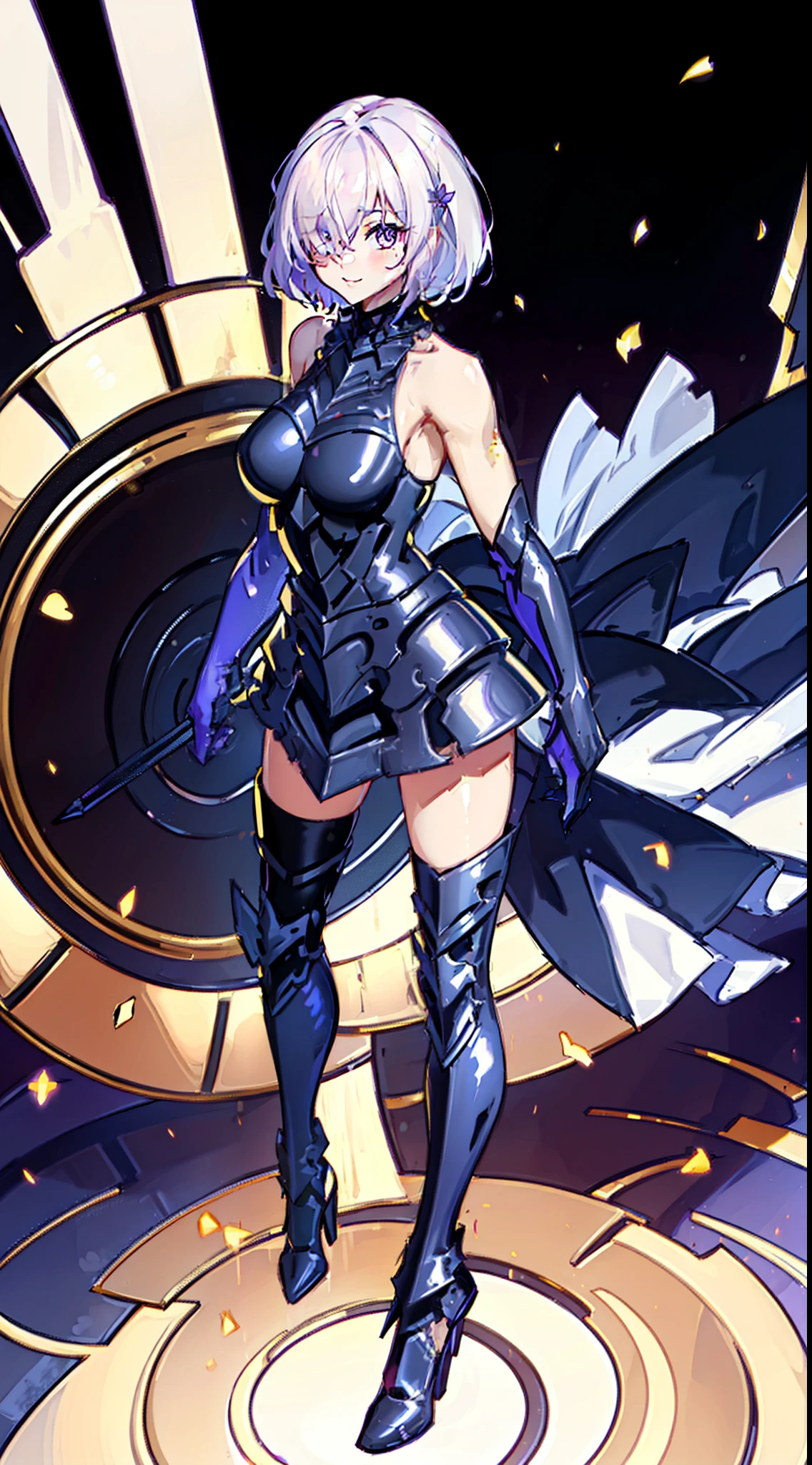 masterpiece,(bestquality),highlydetailed,ultra-detailed,cold,solo,(1girl),detailedeyes,shinegoldeneyes),(longliverhair),expressionless,(armored dress),bare shoulders,black leotard,boots,breasts,elbow gloves,eyebrows visible through hair,flower,fou\(fate\),full body,gloves,gradient,gradient background,hair over one eye,high heels,looking at viewer,mash kyrielight,medium breasts,(white hair),(gold eyes),(yellow eyes),purple flower,purple gloves,short hair,smile,solo,sword,thighhighs,white background