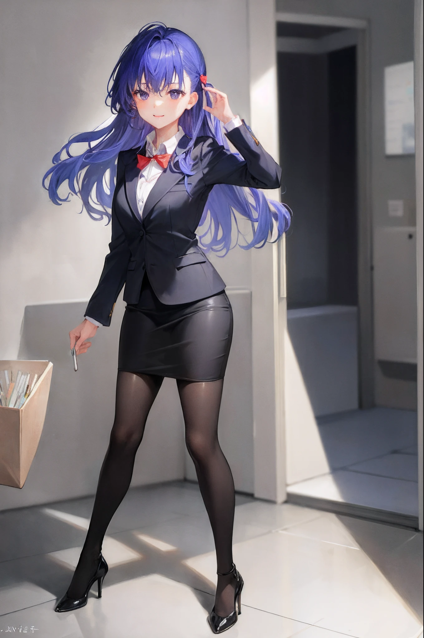 masterpiece, best quality, absurdres, perfect antomy, matou sakura, 1girl, solo, long hair, bangs, breasts, standing, cowboy shot, smile, blush, business suit, blazer, pencil skirt, bare legs, high heels, full body