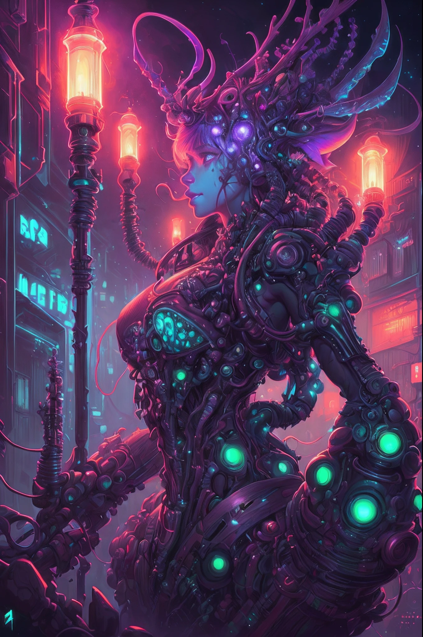 Amazing anatomy, (beautiful female Biopunk), biopunk city background, bioluminescence, (64k ultra hd:1.1), (art by apterus, art by dan mumford, art by lovecraft:1.2), best quality, cgsociety, trending on ArtStation.