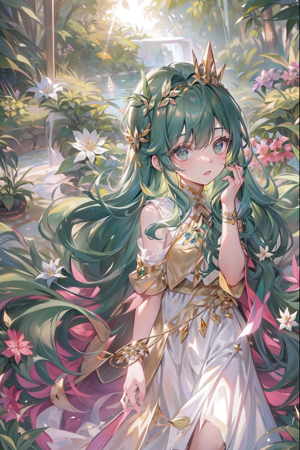 The crown woven with golden silk thread is worn on the flaked green hair, orelhas pontudas, Rapariga, cara boa, Colar pendente de cristal verde, peito branco cheio, Saia verde longa da natureza, requintado e lindo, The skirt has small pendants shaped like flowers made of various precious stones, illustration, master part, fantasia, flores verdes, Lakeside, Lente de filme, luz e sombra fortes