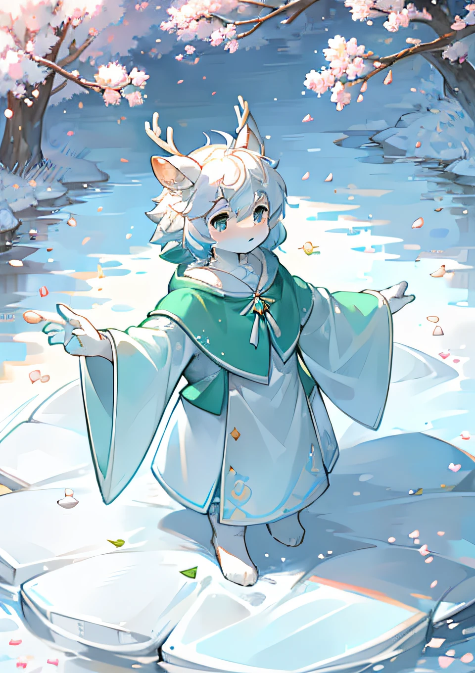 White deer standing by the river,White body,Ambiguous gender,Green robe,Clear blue river water,flowing river,White pear blossom tree,Pear petals,Petals fall on the grass,Petals float on the surface of the river,nevando,snowfield,solo person,adolable,infancy,Reach for the petals,White pattern,Reach for the petals,snowfield,White pear blossom,White petals,In the daytime,blue-sky,White color hair,Green robe,flowing robe,Scholar,white clothes,green and white clothes,k hd,Stand on the riverbank,children's,Open pear blossom tree,springtime