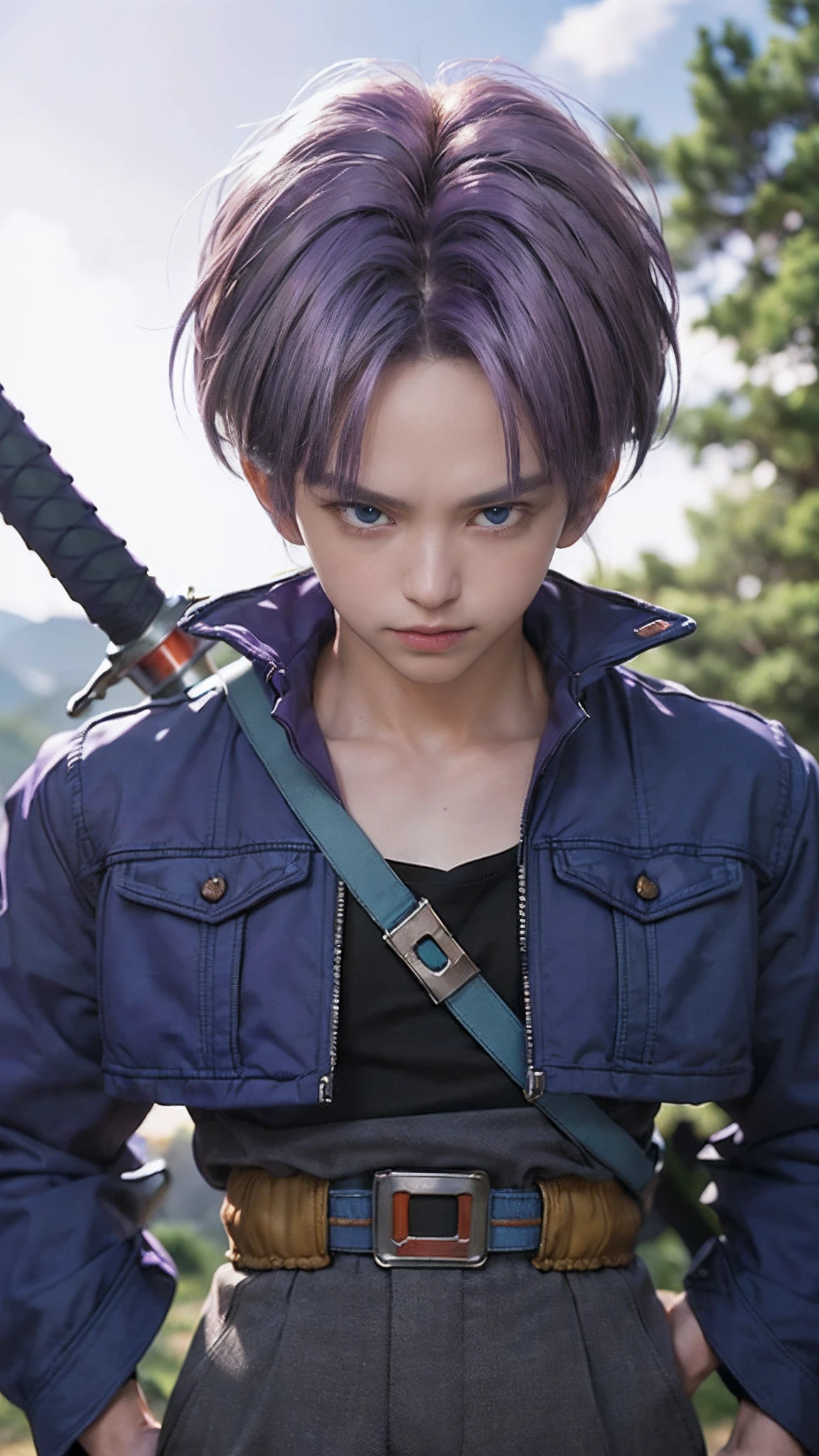 ((masutepiece:1.4, Best Quality)), ((masutepiece, Best Quality,8K)), (photographrealistic:1.4), (Trunks \(dragon balls\), Purple hair, Blue eyes, Jacket, Shirt, Pants, Sword, Man's), (rocky ground, Rocky mountain, skyporn), Professional Lighting, Physically-based rendering