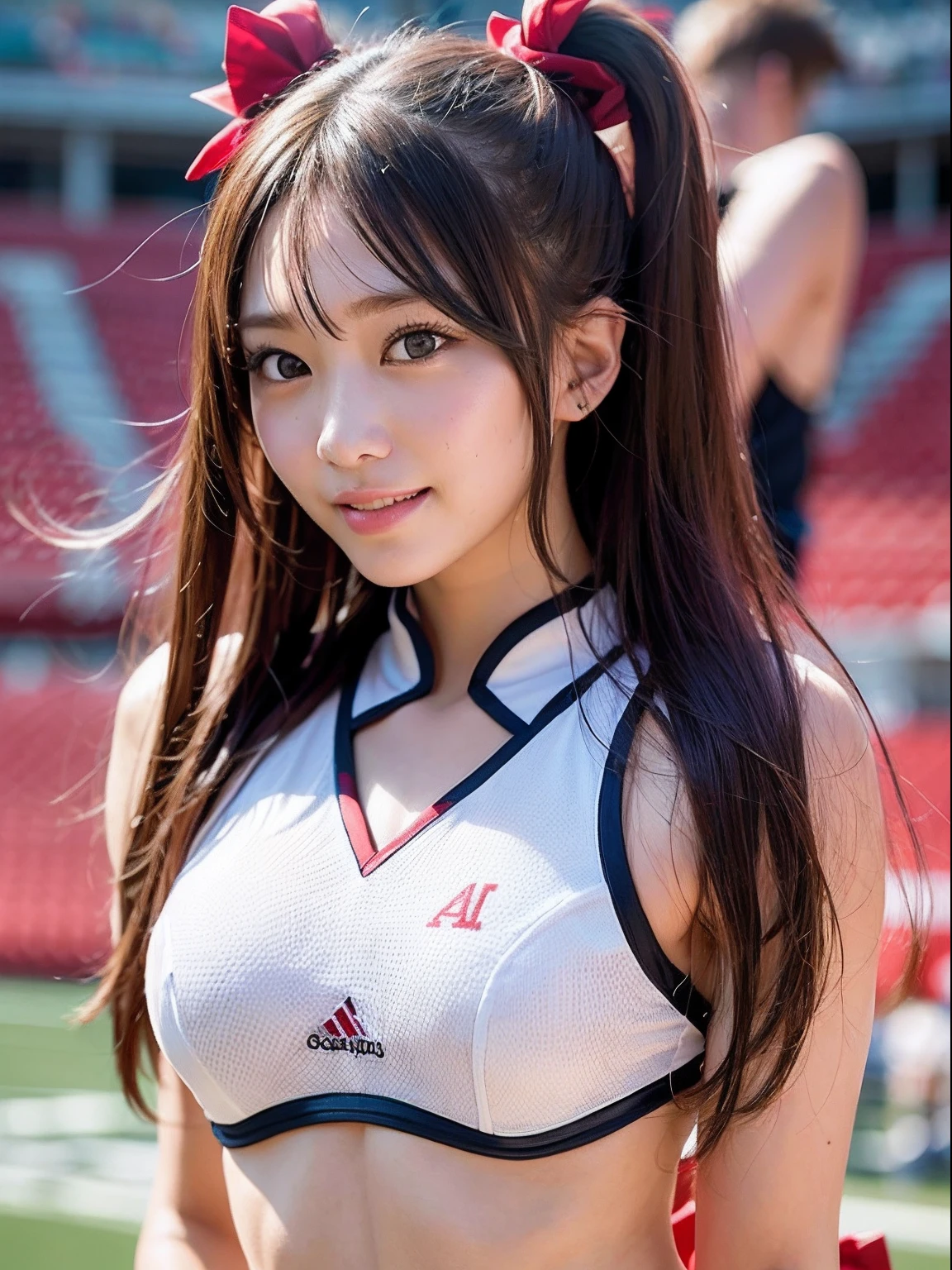 Ala Fed Asian cheerleader holding pom pom in stadium, closeup, closeup, cosplay photo, anime cosplay, small breasts, RAW photo, best quality, high resolution, (masterpiece), (photorealistic:1.4), professional photography, sharp focus, HDR, 8K resolution, intricate details, depth of field, highly detailed cg unity 8k wallpaper, Front Light, NSFW, Woman, Girl, Beautiful Supermodel, Smiling, Slender, (Sweating All Body:1.3), 2 Person